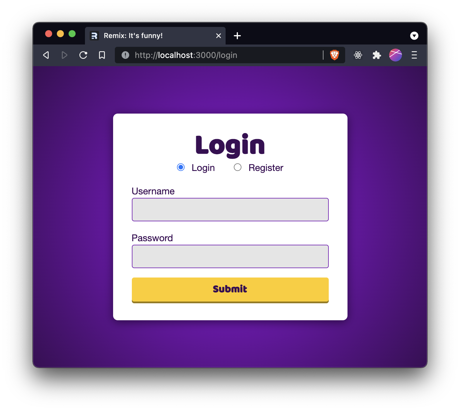 A login form with a login/register radio button and username/password fields and a submit button
