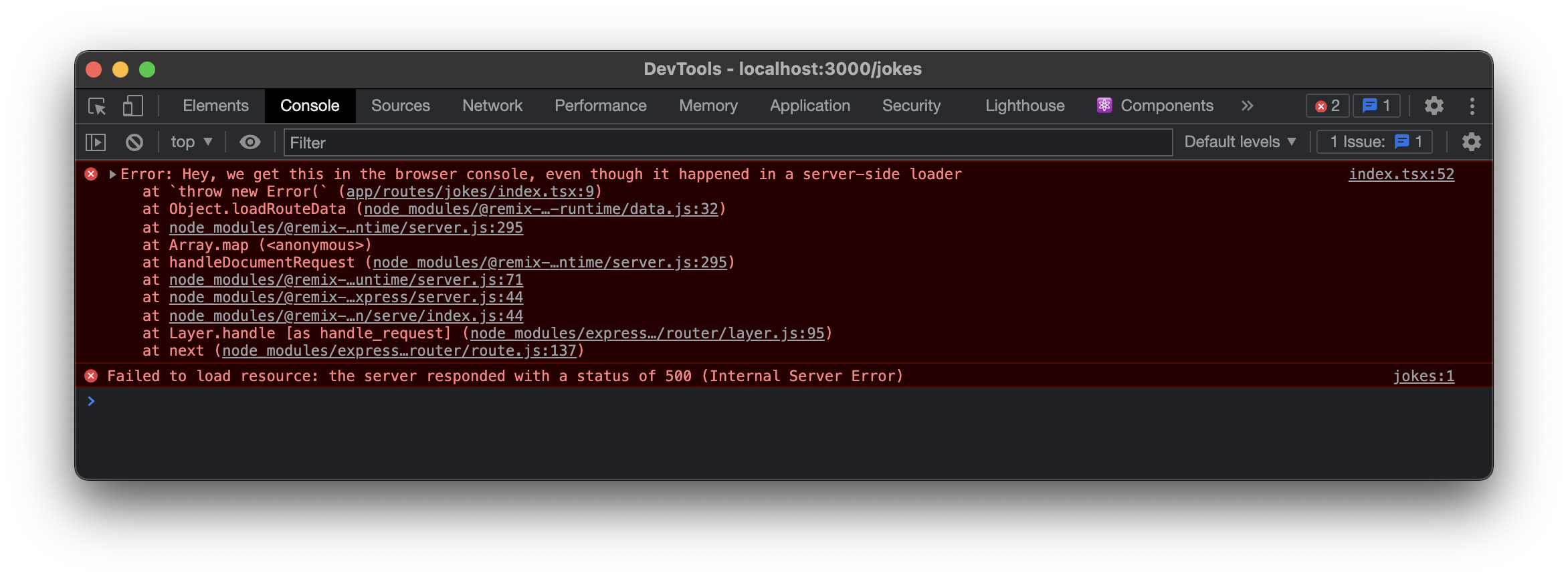 Browser console showing the log of a server-side error