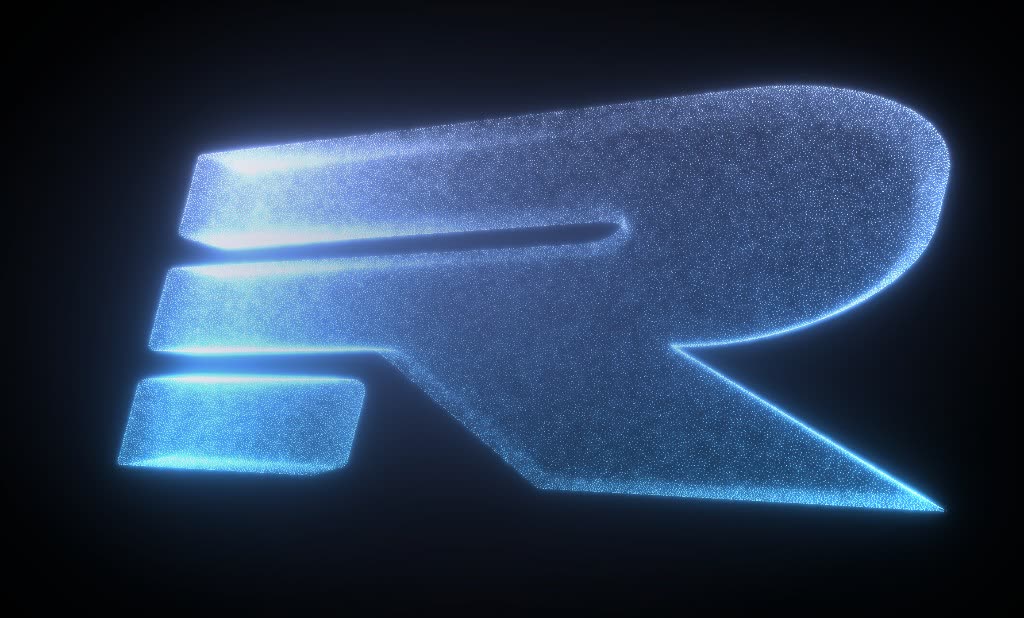 Glowing blue particle-rendered Remix “R” logo on a black background.