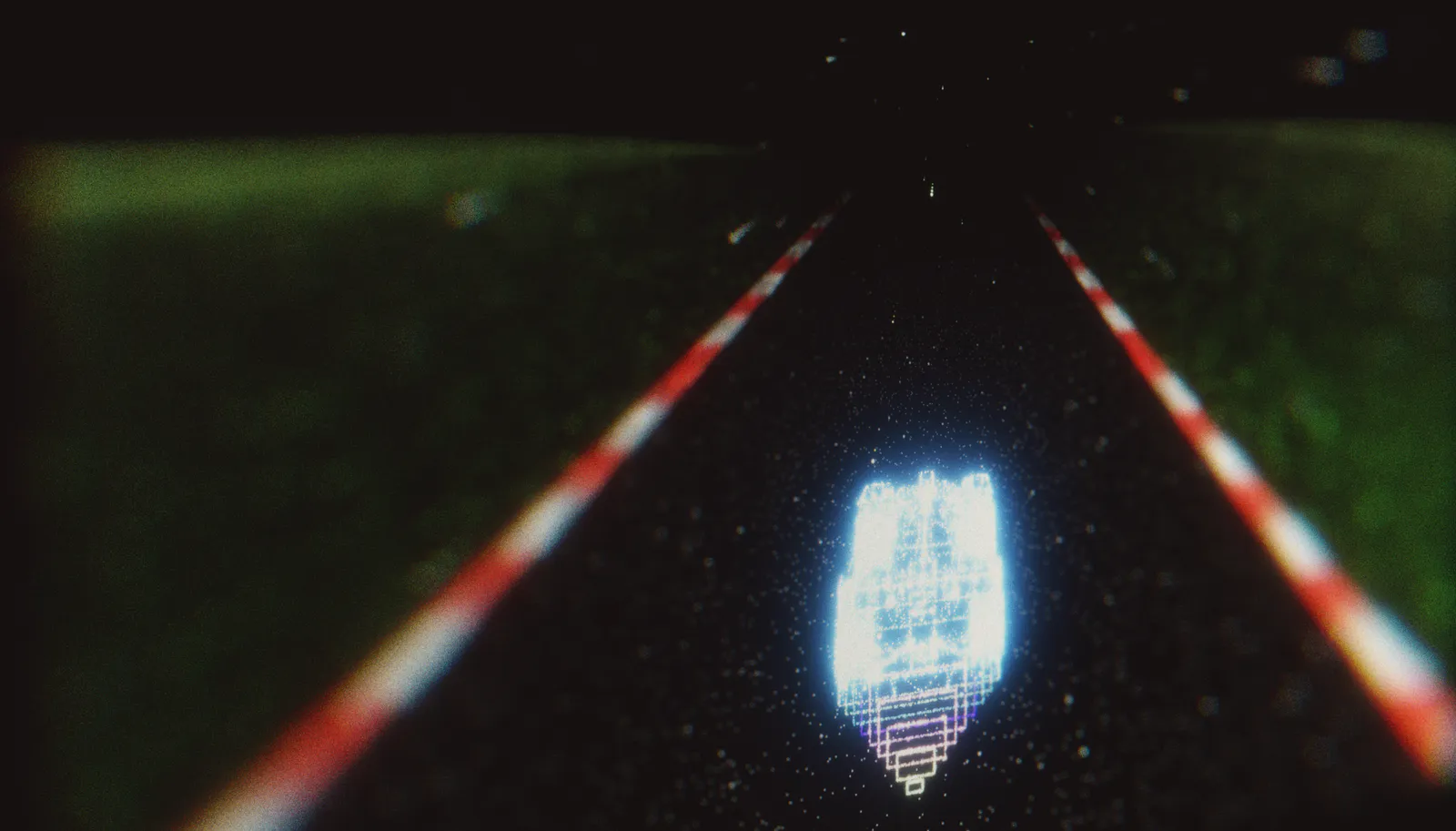 A glowing blue race car driving down a dark racetrack beneath a starry sky.