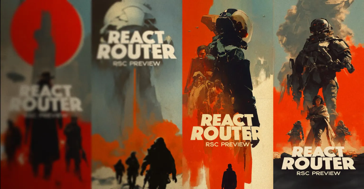 Stylized series of sci-fi movie poster designs featuring the text 'React Router RSC Preview' with abstract human and robotic figures in dramatic compositions.