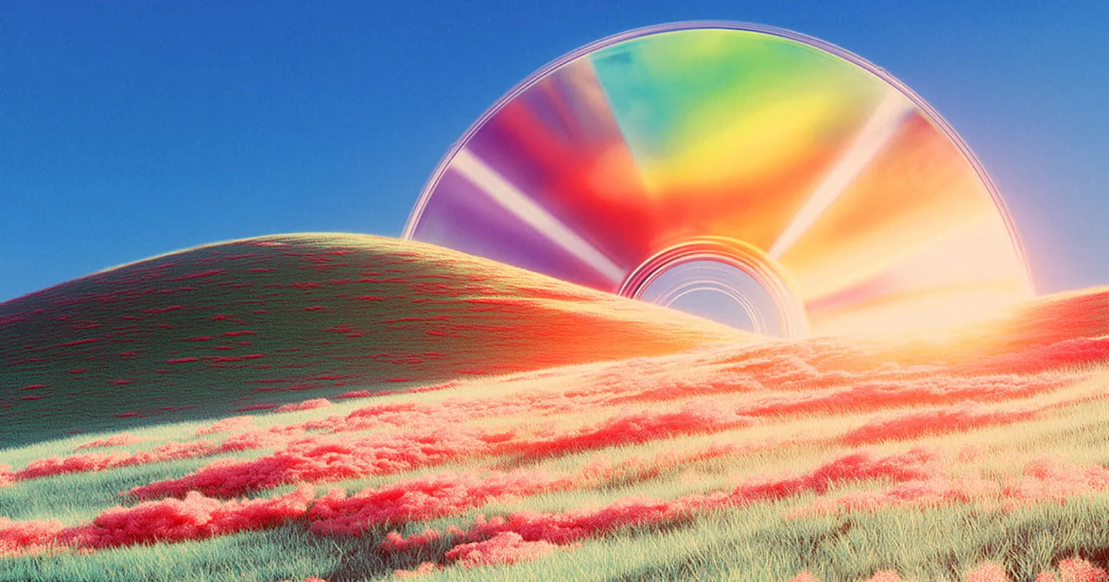 Neon glowing compact disc coming up behind a hill as if it were the rising sun.