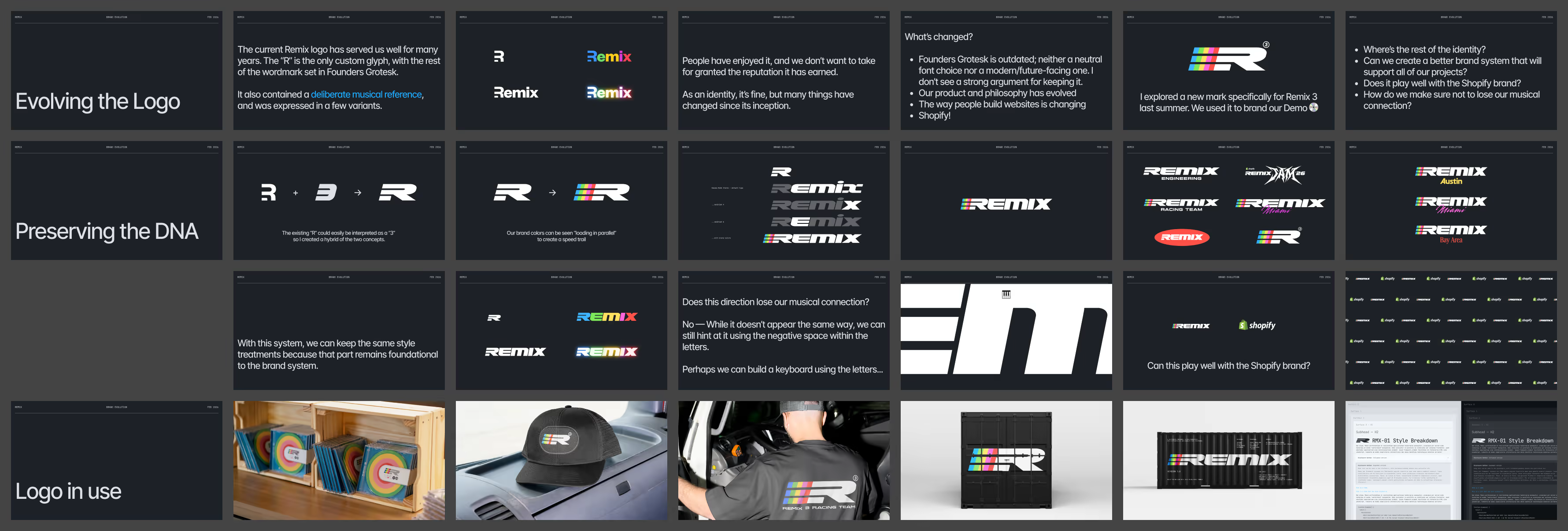 Logo evolution board grouped into three rows: Evolving the Logo, Preserving the DNA, and Logo in use, showing wordmark explorations and applications.