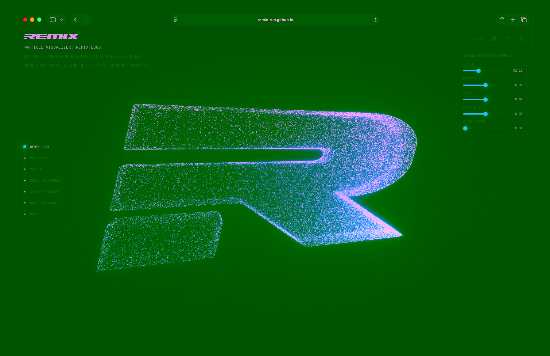 A browser window featuring the Remix Particle Visualizer tool, with configuration and debug panels.