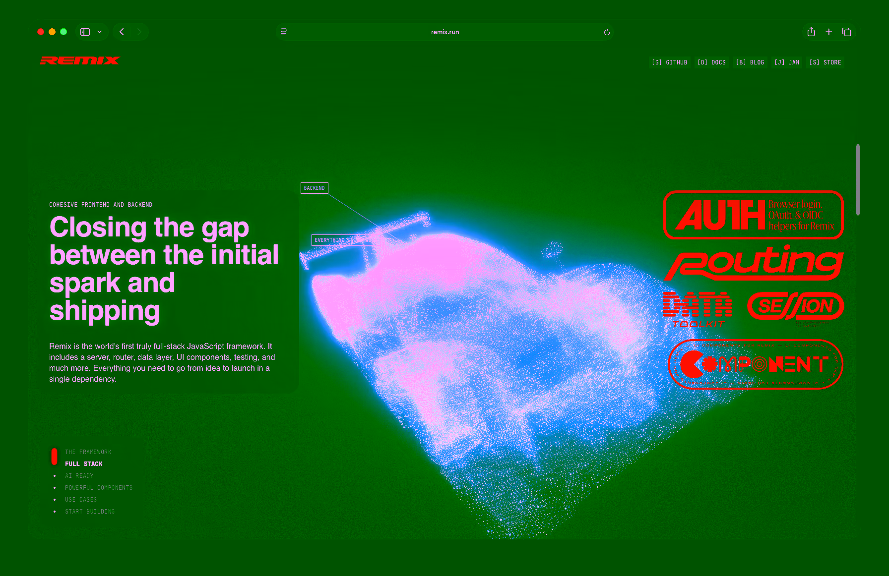 A browser window showing the finished Remix website, scrolled down to the second section that highlights a particle model of a racecar, with text that talks about closing the gap between the initial spark and shipping the idea
