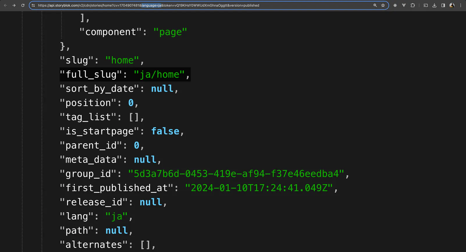 A screenshot of JSON with ja language parameter on the URL with corresponding full_slug and lang with language parameter value