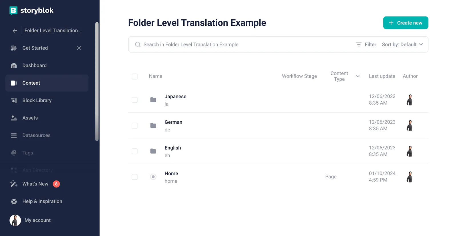 A screenshot of Storyblok UI displaying Japanese, German and English folders to separate different localized content as well as creating localized sub-directory structures