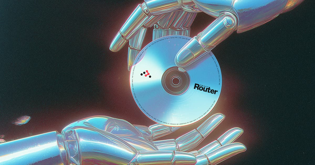 Robot hands passing a disc labeled with the React Router logo