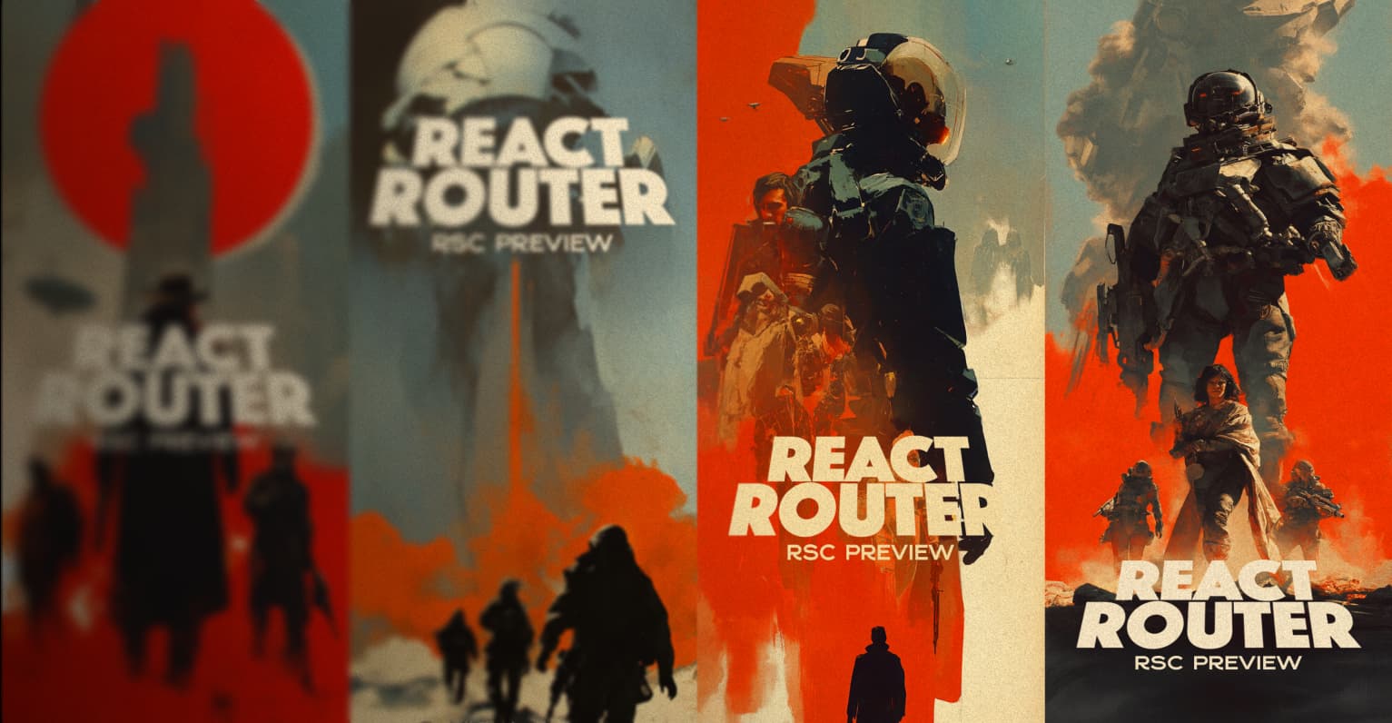 Stylized series of sci-fi movie poster designs featuring the text 'React Router RSC Preview' with abstract human and robotic figures in dramatic compositions.