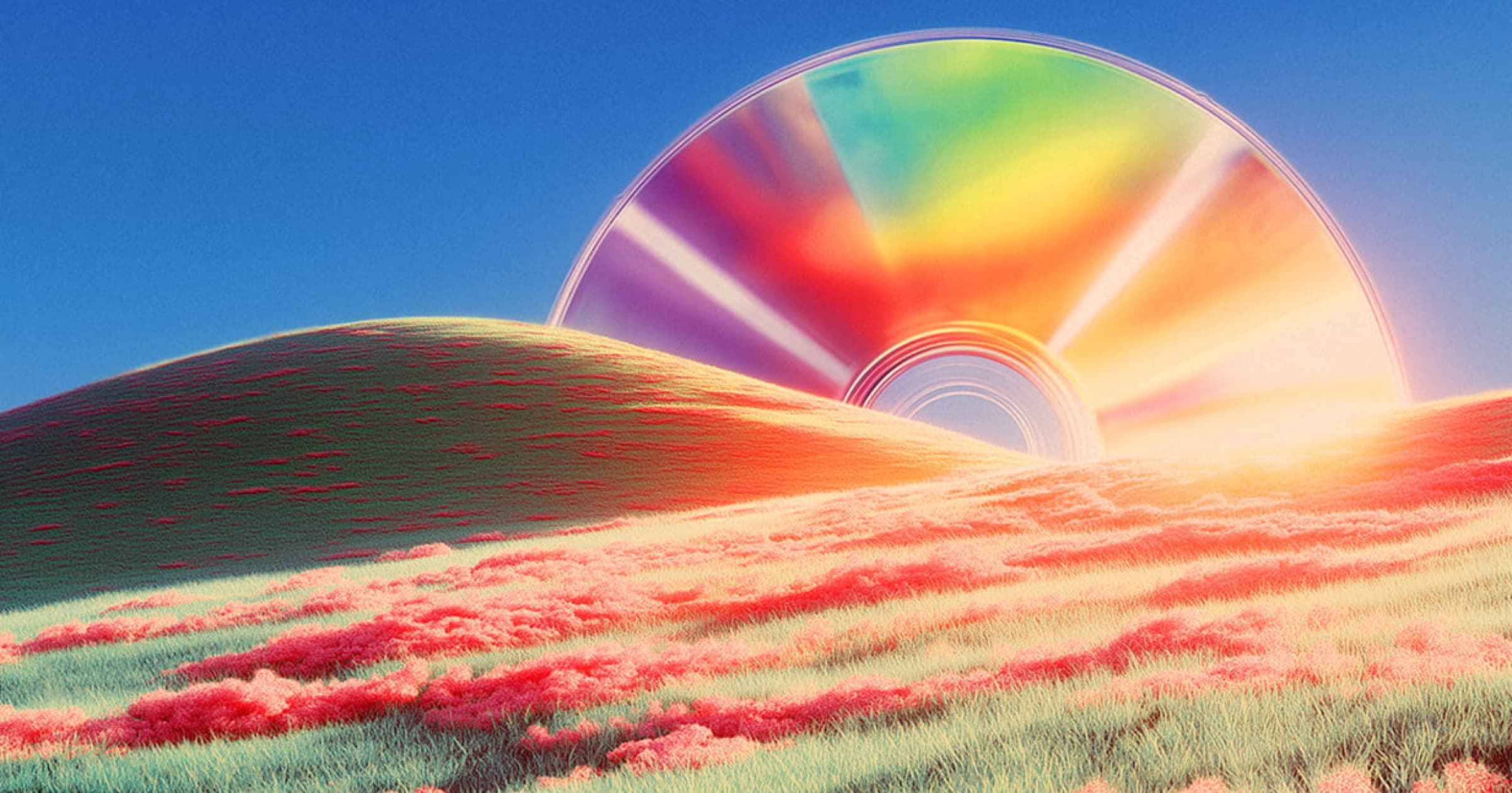 Neon glowing compact disc coming up behind a hill as if it were the rising sun.