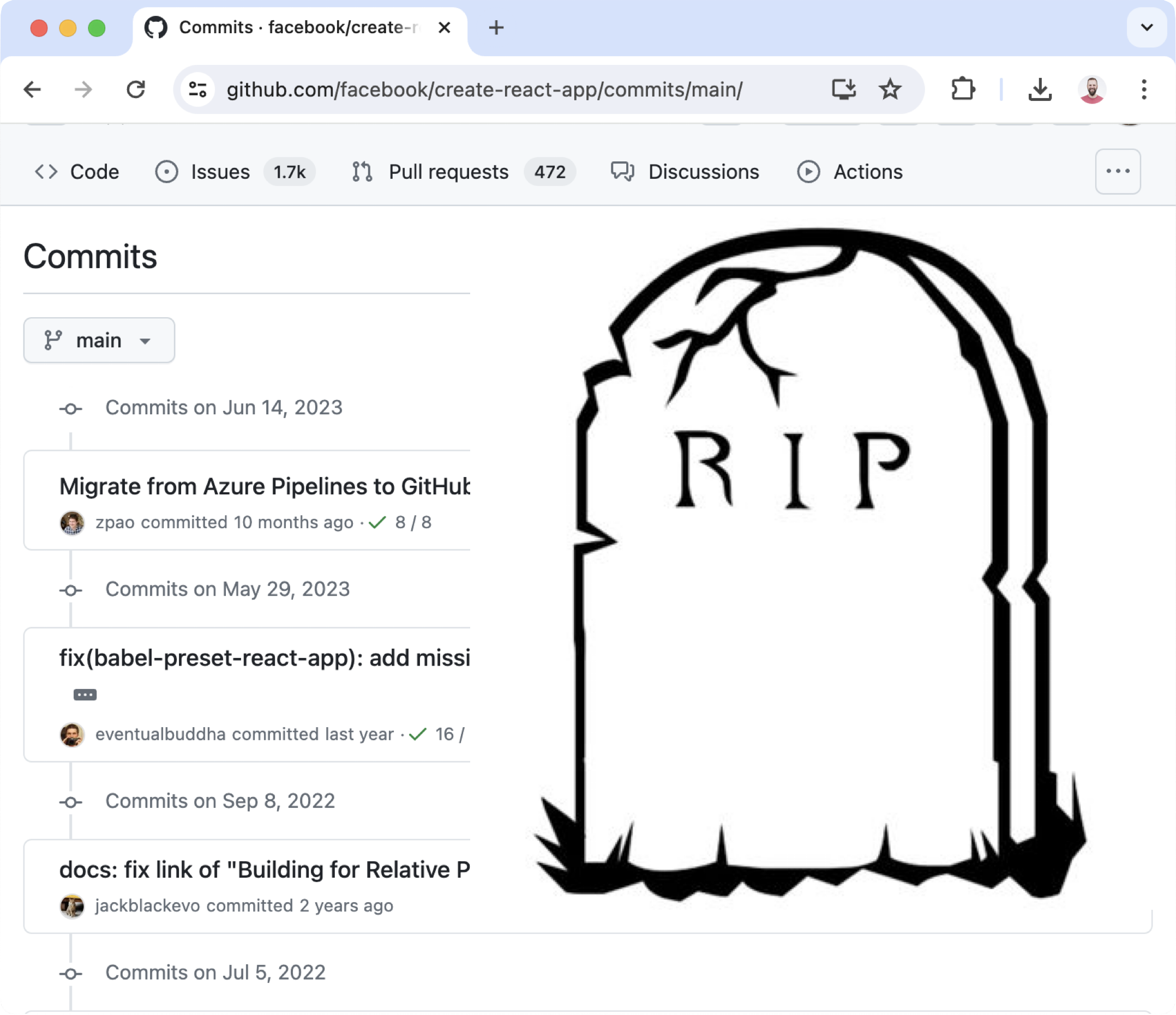 Create React App GitHub showing the last 3 commits from June 14, 2023, May 29, 2023, and Sep 8, 2022. There is a cartoon tombstone to the right with RIP engraved on it