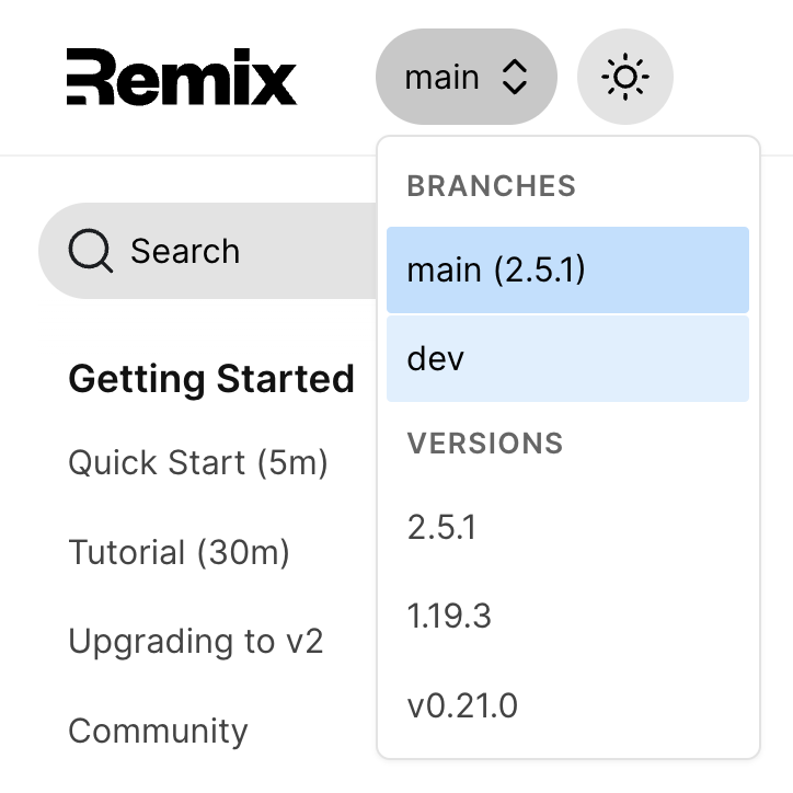 Remix docs version dropdown menu