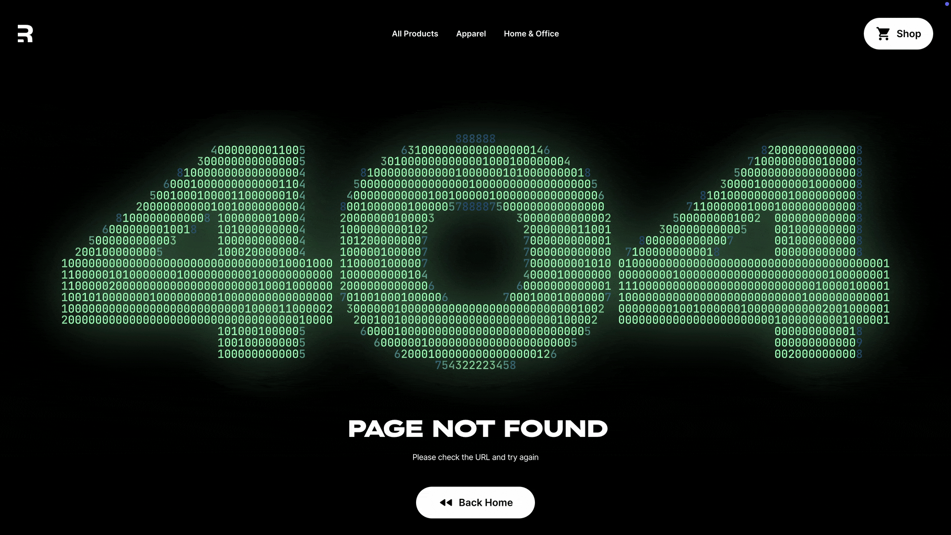 Green "404" made up of numbers that are randomly changing