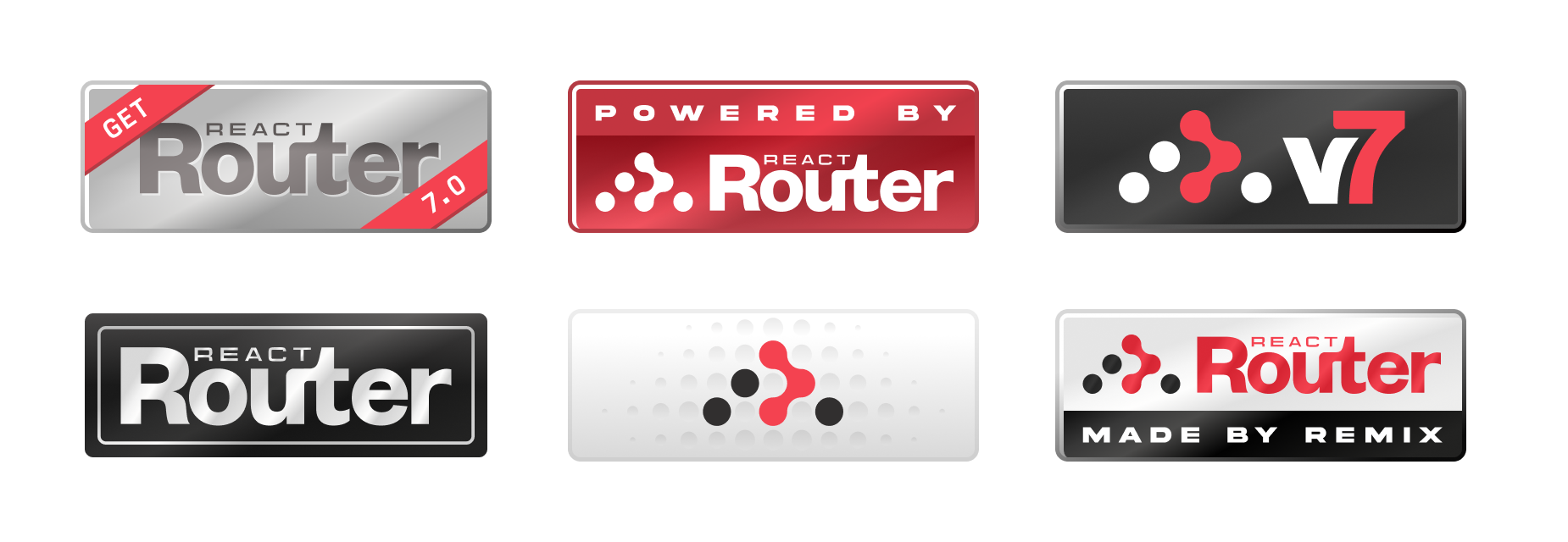 Six badges designed in the style of the old web to show how new React Router brand updates can be used