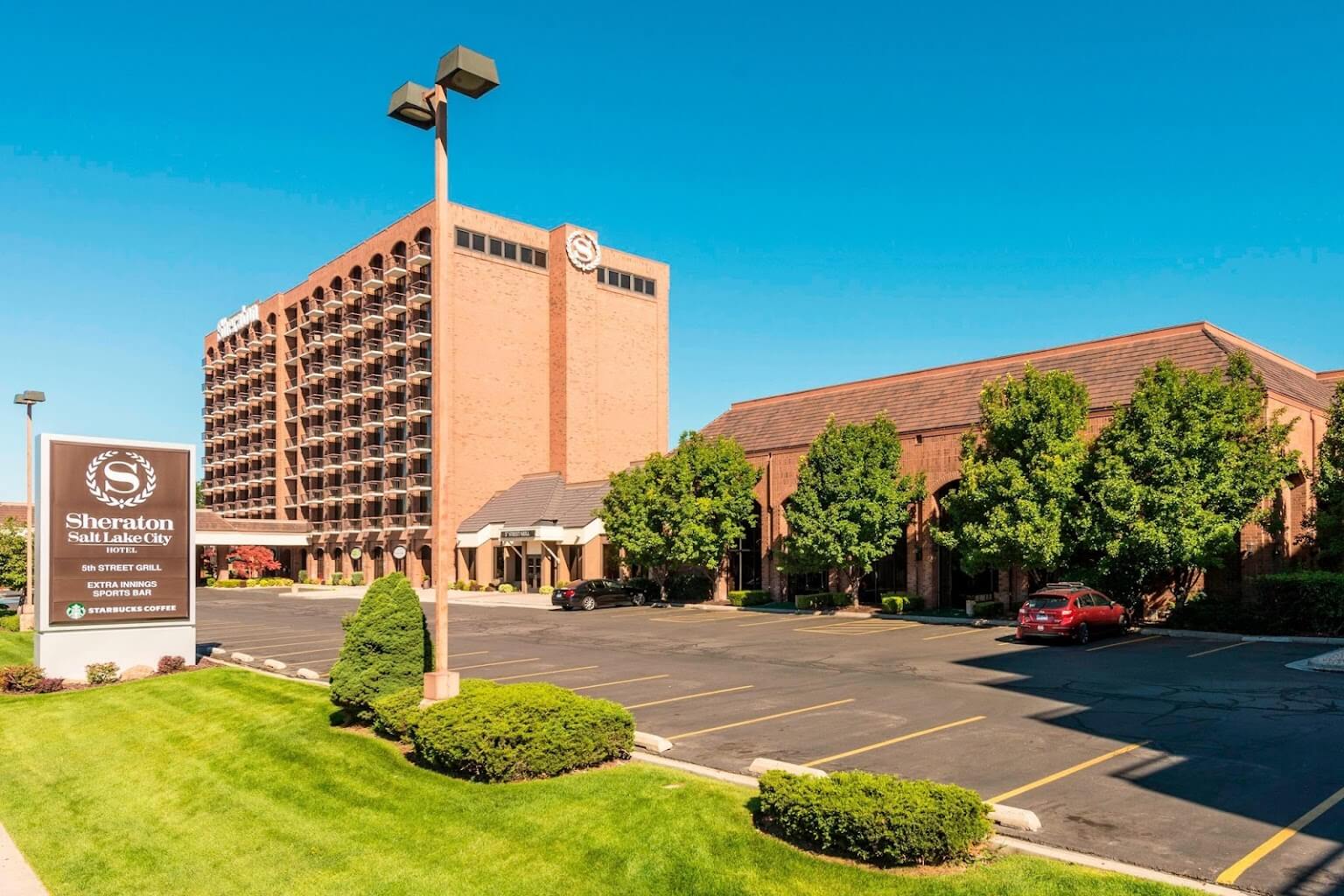 Sheraton Salt Lake City Hotel building with sign