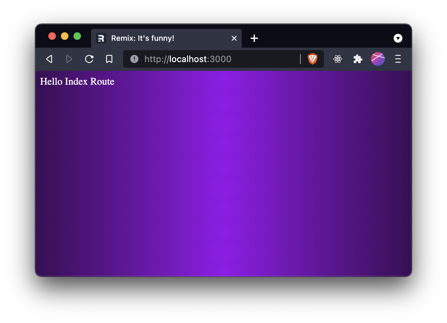 The homepage with a purple gradient background and white text with the words "Hello Index Route"