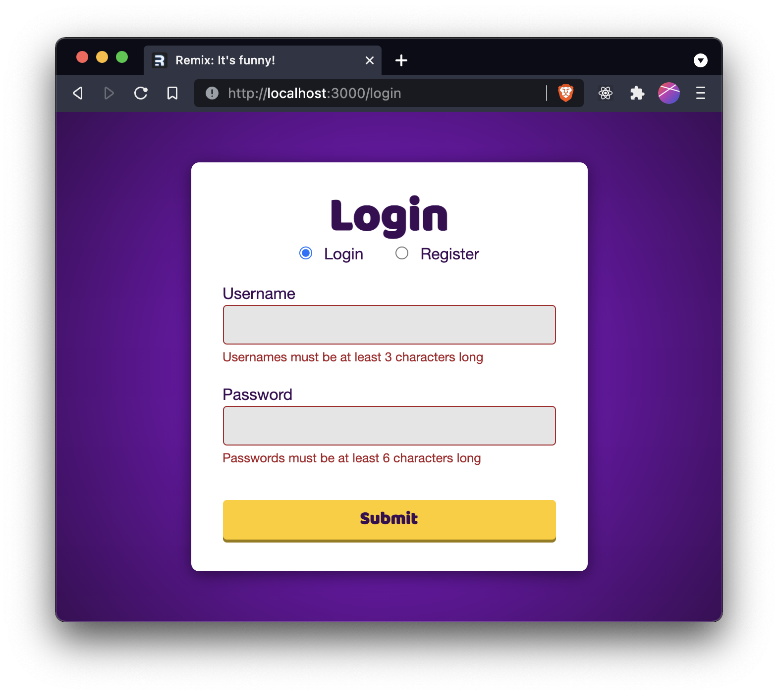 Login form with errors