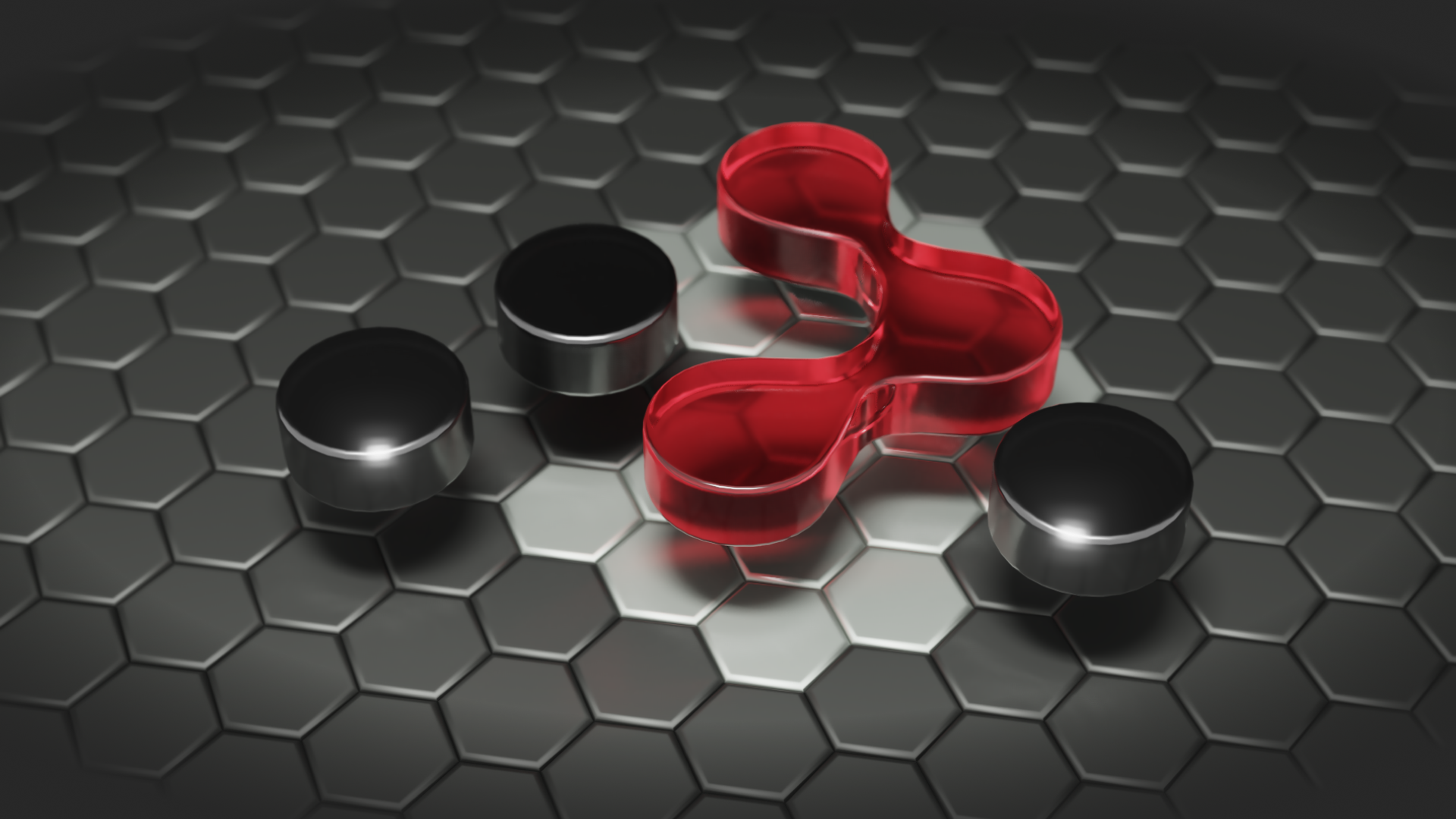 Three connected red dots hovering over a field of hexes. Underneath the red dots, the hexes are a light gray. To the left and right are unconnected black dots over black hexes, expanding infinitely in each direction