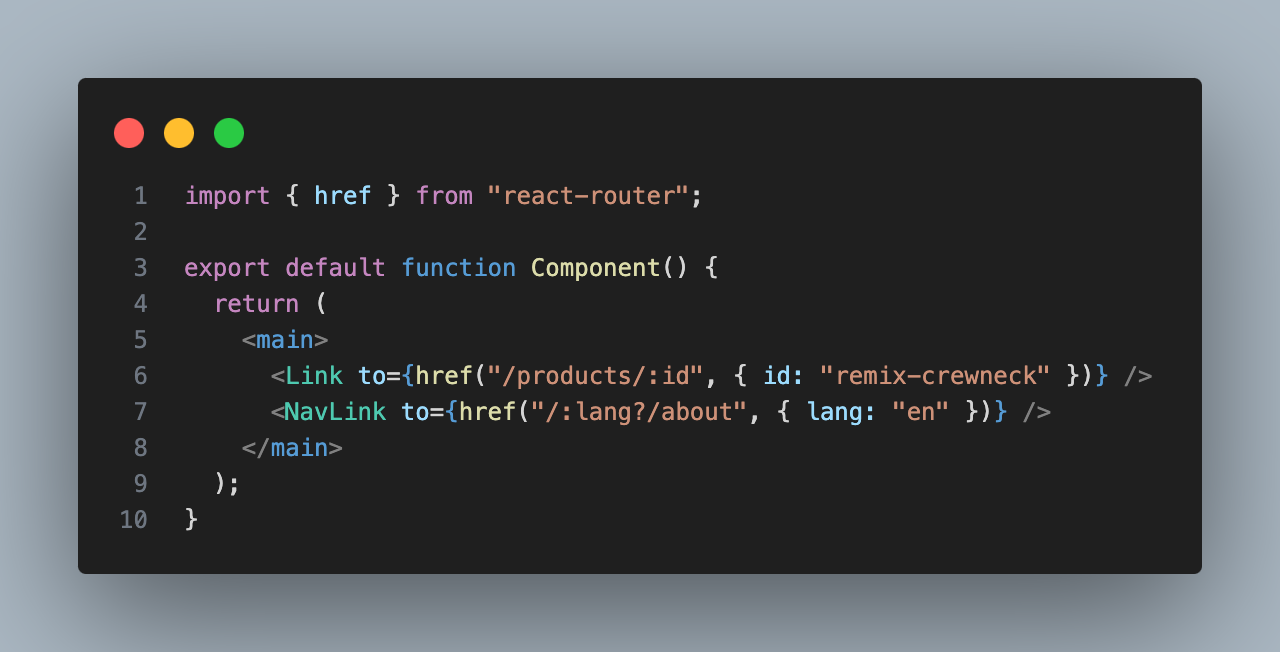 Code showing how to use the href utility in a React Router application. The code displays a React component that uses the href utility to create a link to a product with the ID "remix-crewneck". The link is passed to the Link component as the to prop.