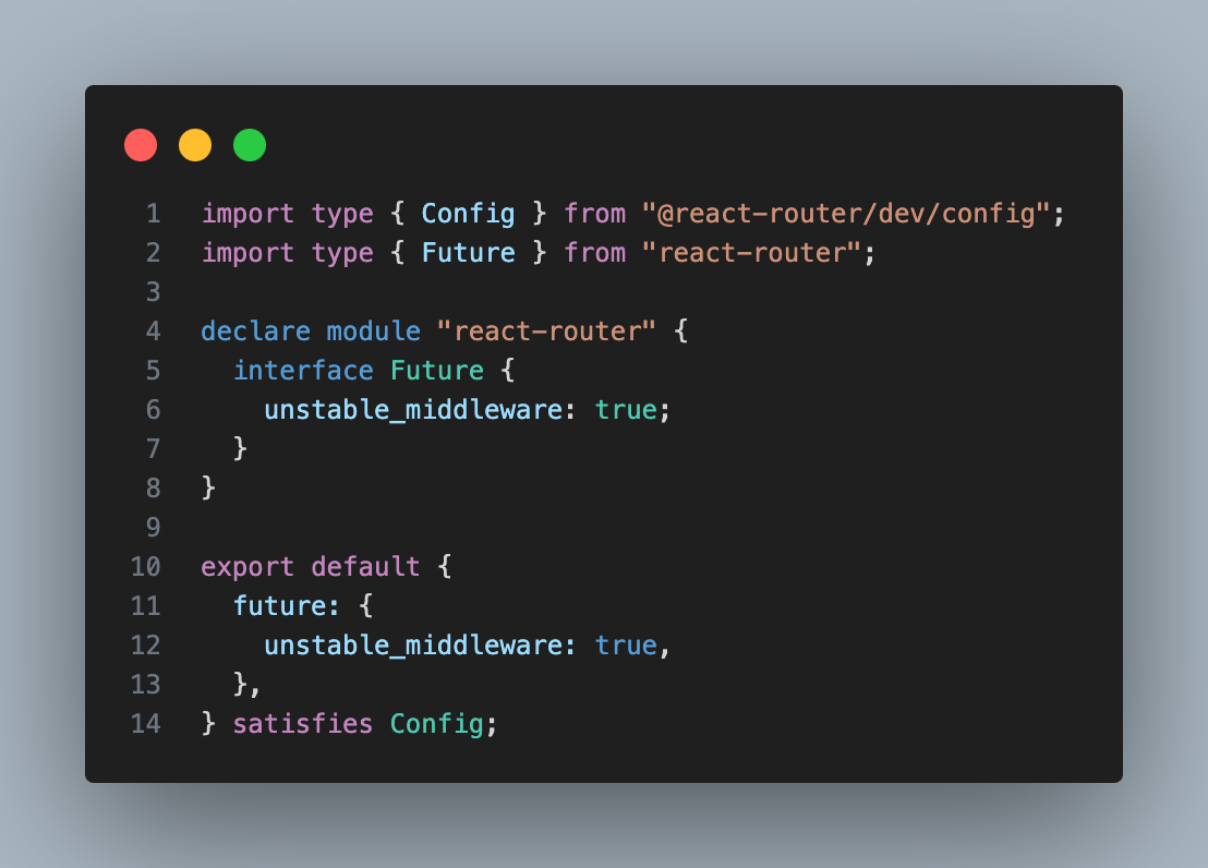 Code showing how to enable middleware in a React Router application. The code displays a react-router.config.ts file with a configuration object that sets the 'unstable_middleware' flag to true.