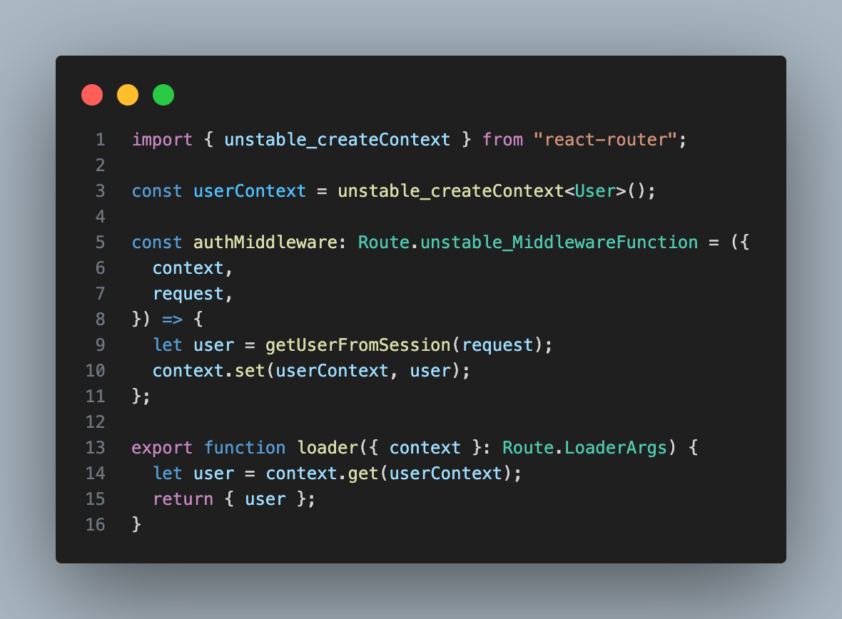 Code example showing authentication middleware that creates a user context, extracts a user from the session, and makes it available to loaders via context