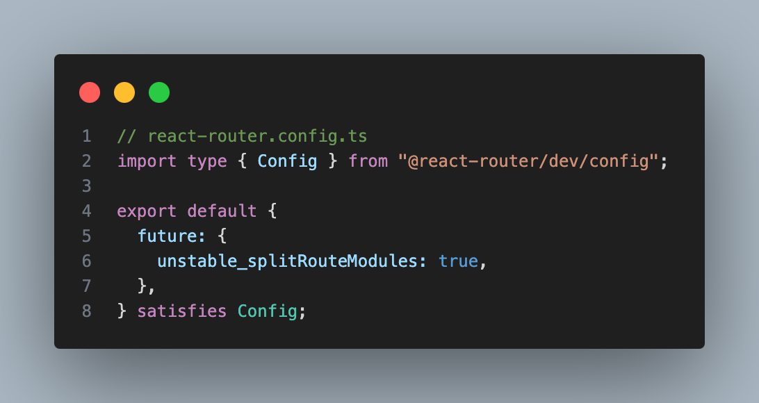 Code showing how to enable Split Route Modules in React Router. The code displays a react-router.config.ts file with a configuration object that sets the 'unstable_splitRouteModules' flag to true.