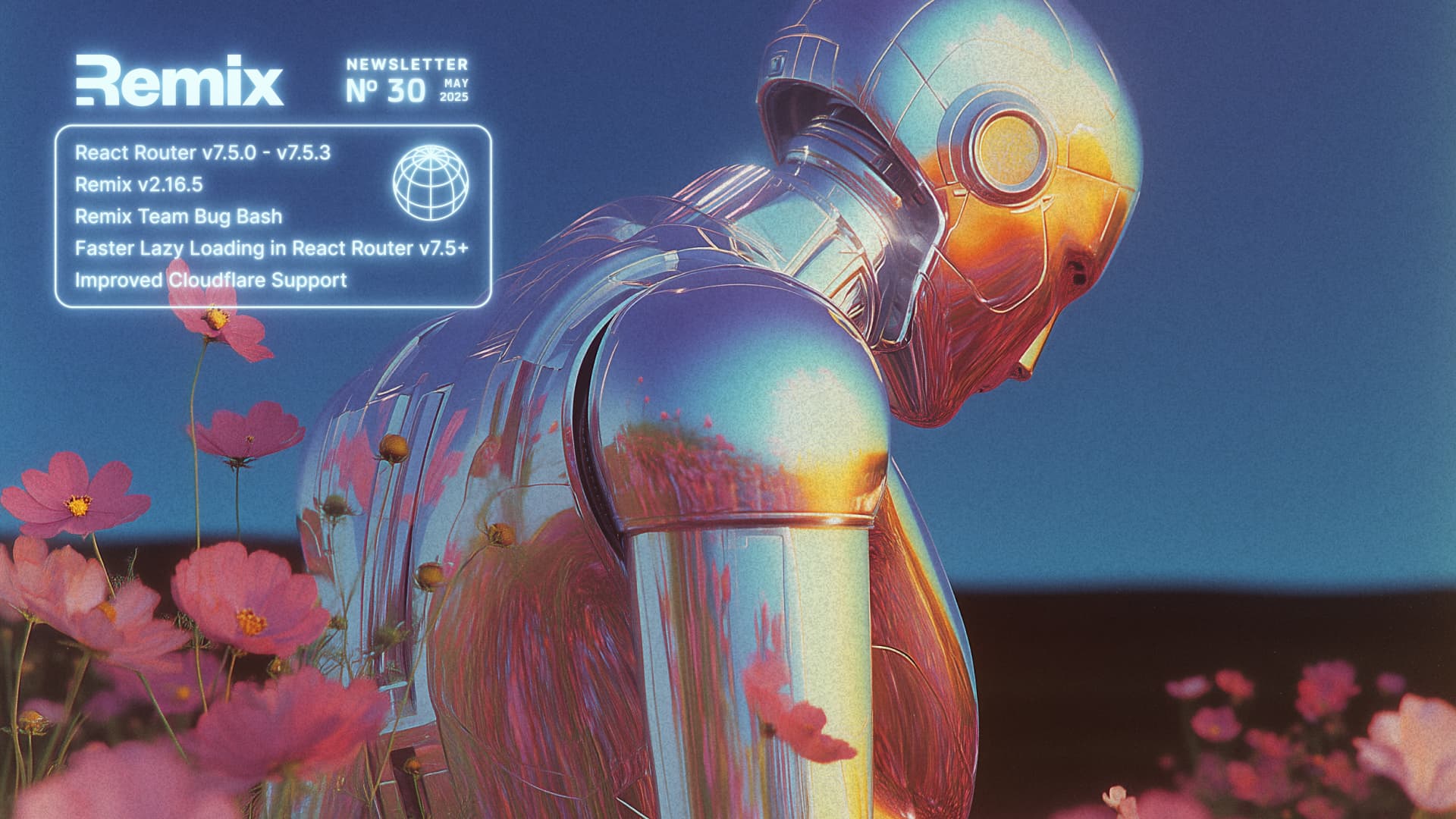 A reflective robot stands among pink flowers under a blue sky, with newsletter highlights displayed in the corner.