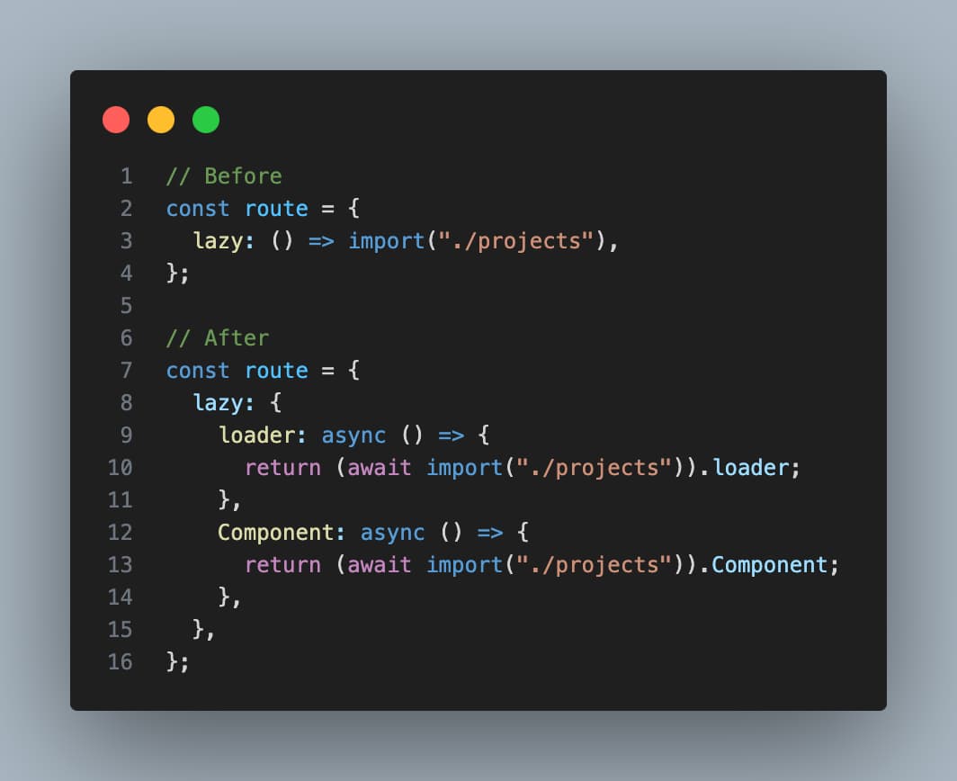 Before and after of route.lazy code
