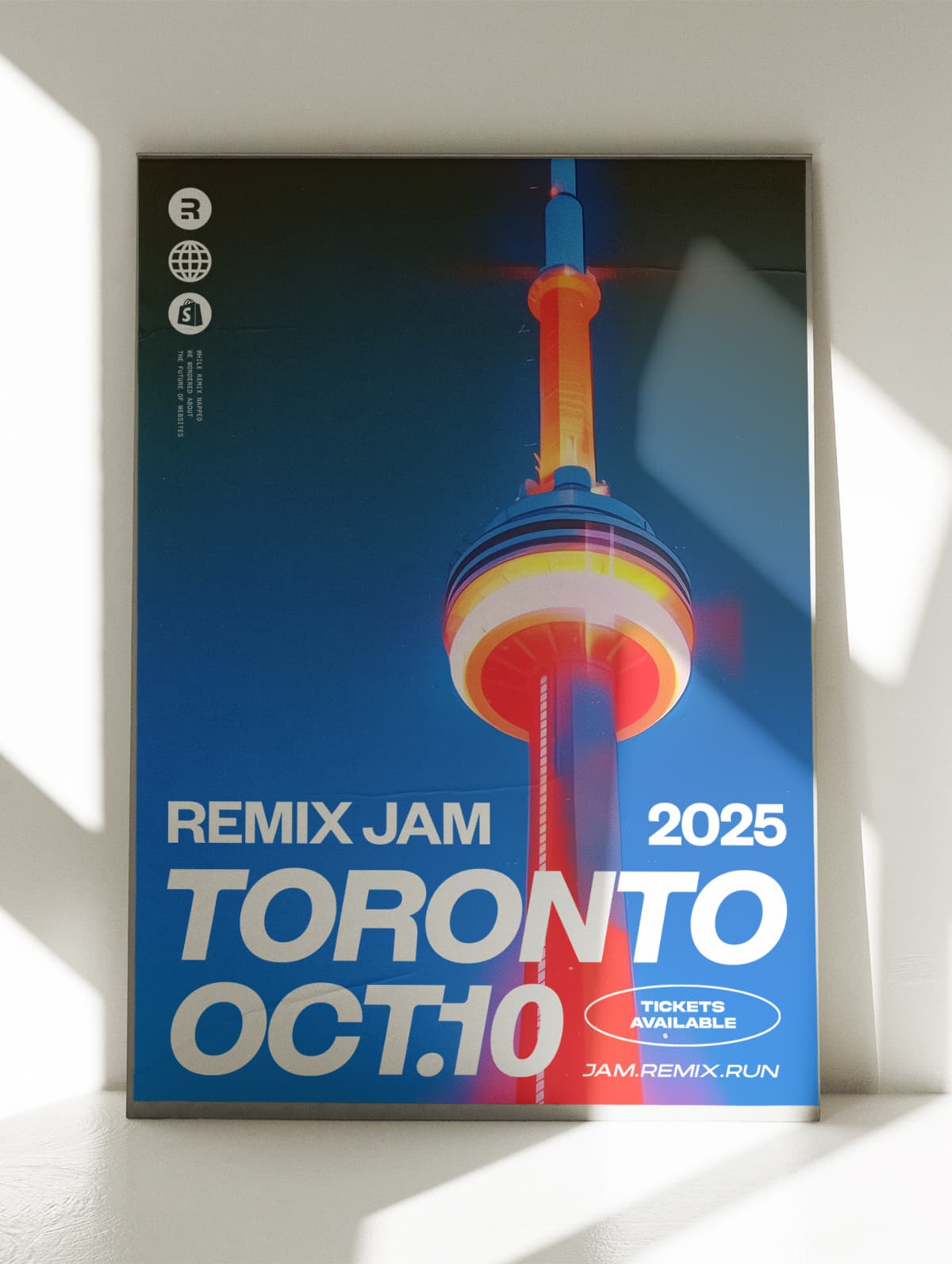 Poster for Remix Jam 2025 in Toronto featuring a colorful illustration of the CN Tower and event details for October 10.