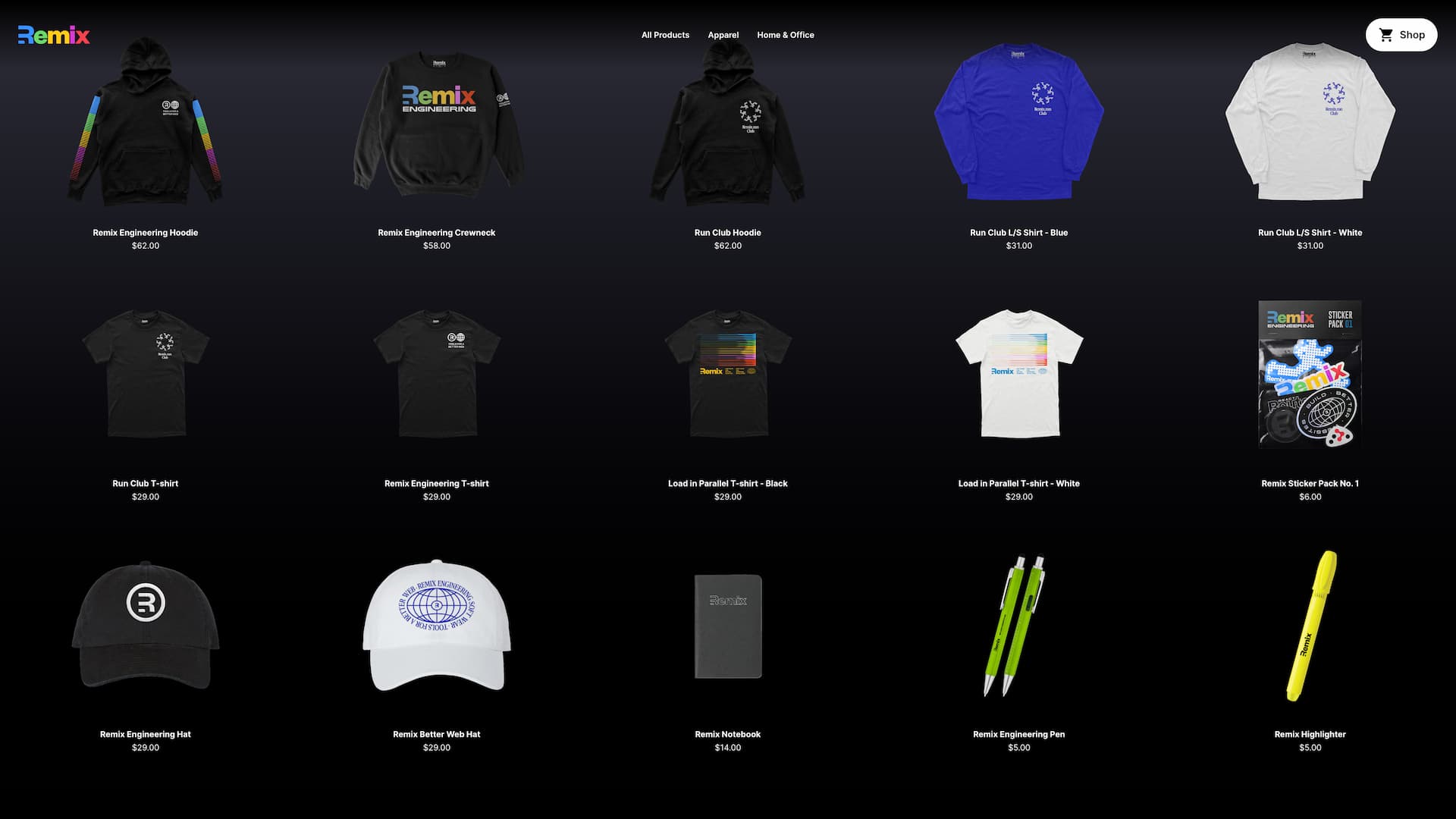 Remix Store product grid featuring hoodies, t-shirts, stickers, pens, notebooks, and more