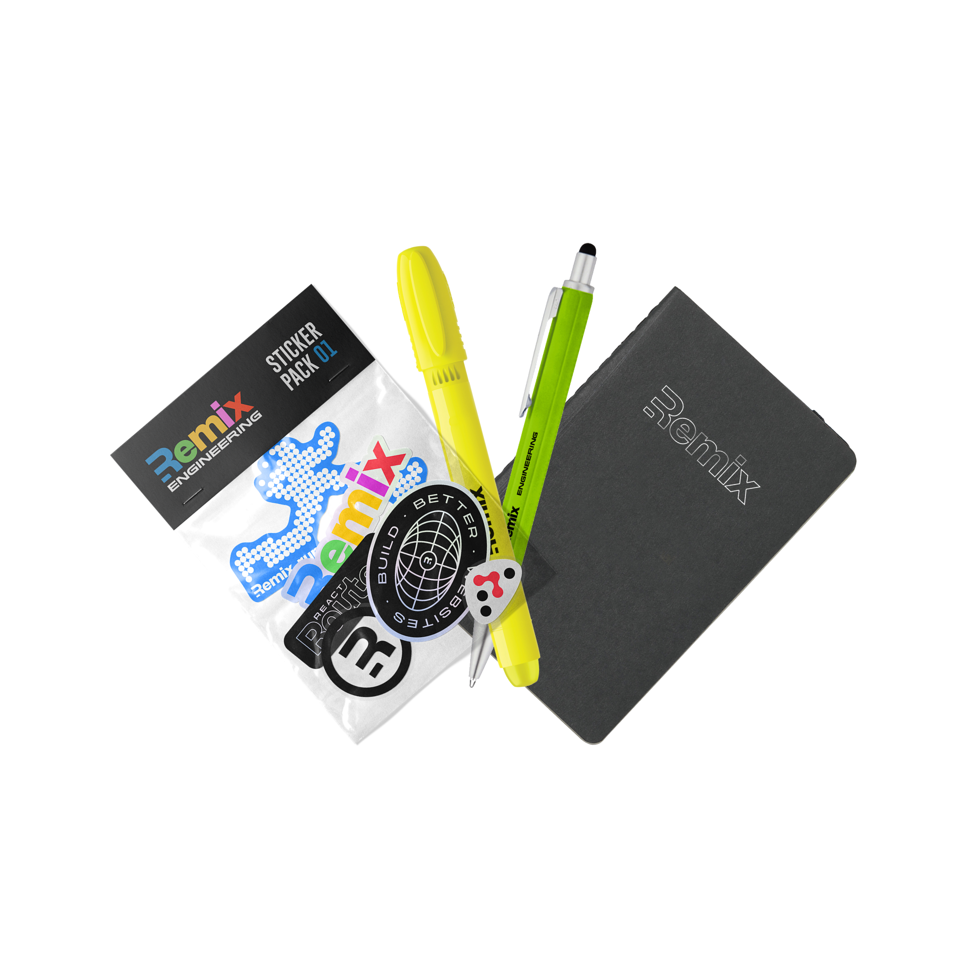 Remix Engineering sticker pack 01, Remix highlighter, Remix pen, and Remix notebook