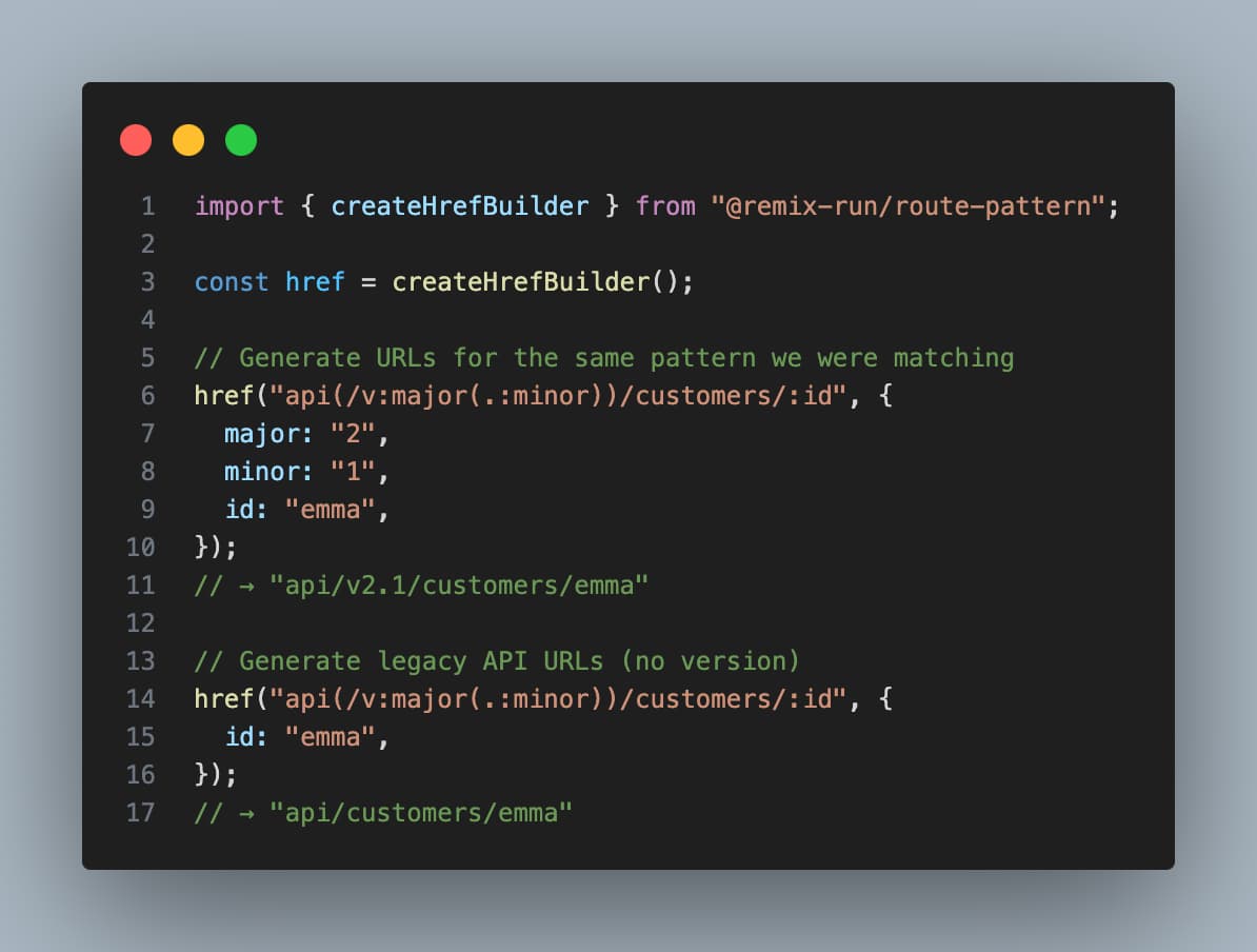 Code showing how to generate type-safe URLs with a createHrefBuilder. The code displays a createHrefBuilder that generates URLs for the API versioning pattern.