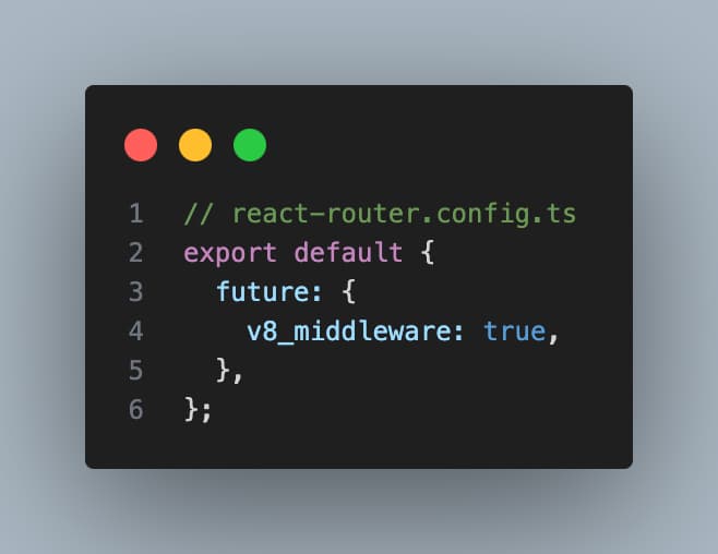 Code showing how to enable middleware in a React Router application. The code displays a react-router.config.ts file with a configuration object that sets the 'future.v8_middleware' flag to true.
