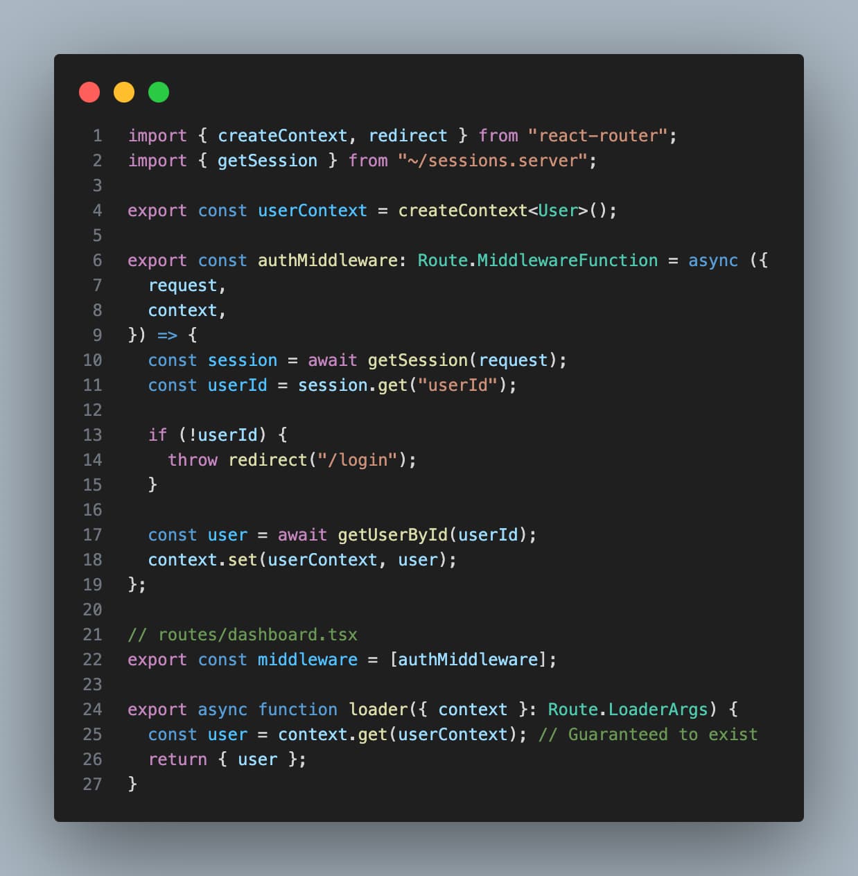 Code showing how to protect routes with an auth middleware in a React Router application. The code displays a React component that uses the authMiddleware function to protect routes.