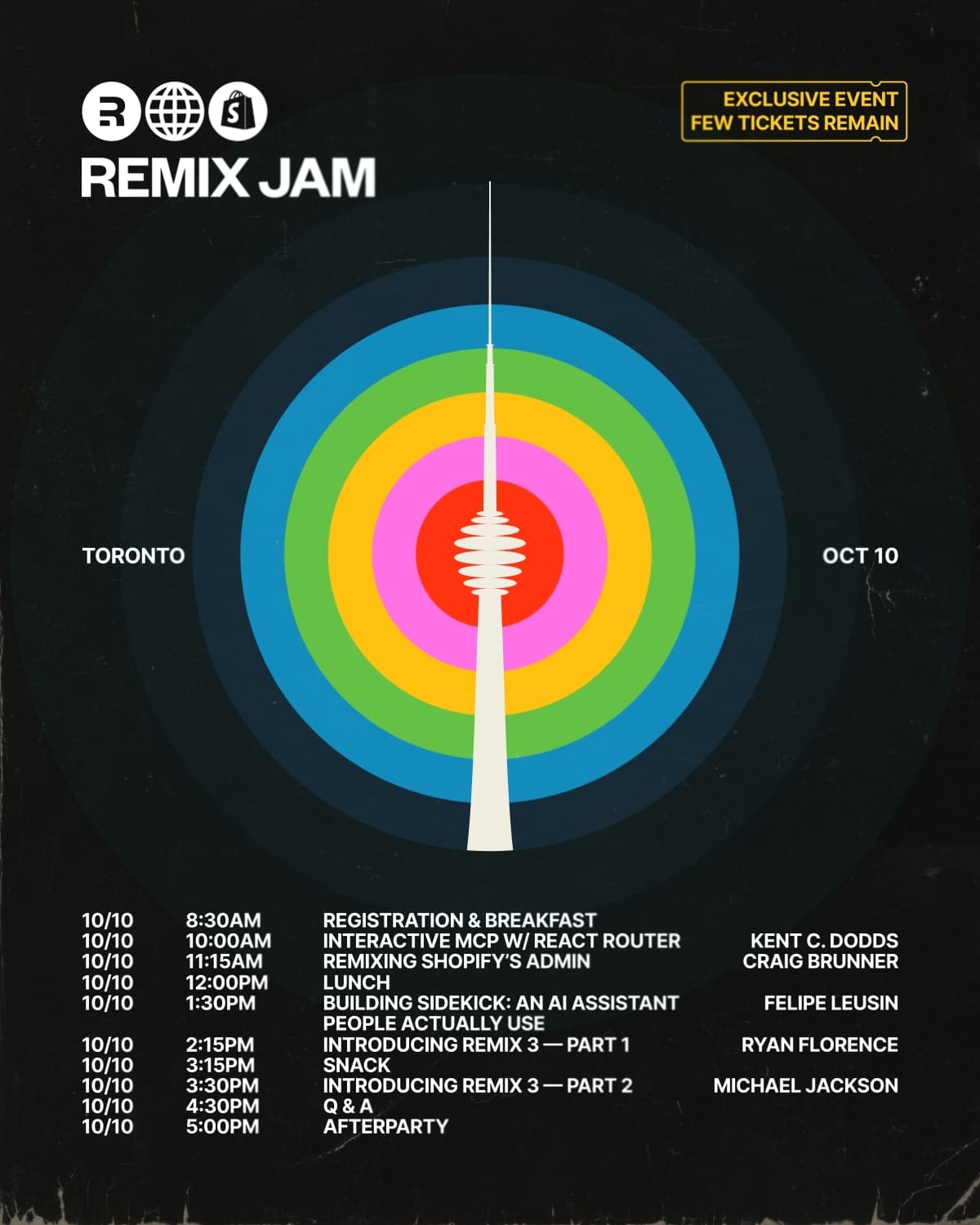 Remix Jam 2025 schedule showing the full-day lineup in Toronto on October 10th, featuring talks by Kent C. Dodds on Interactive MCP with React Router, Craig Brunner on Remixing Shopify's Admin, Felipe Leusin on Building Sidekick AI Assistant, and Ryan Florence & Michael Jackson presenting Introducing Remix 3 in two parts, with registration starting at 8:30am and afterparty at 5:00pm