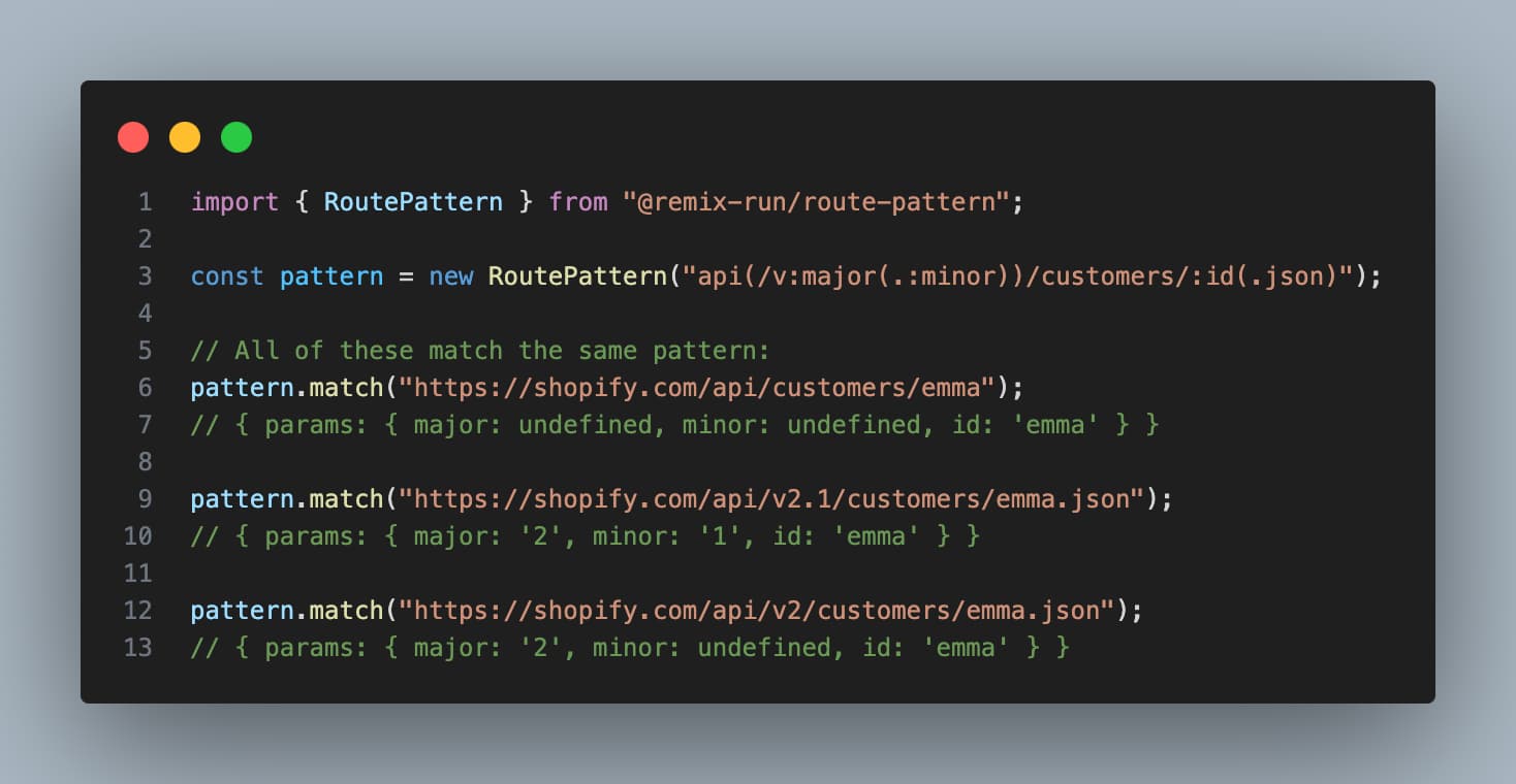 Code showing how to handle API versioning with a RoutePattern. The code displays a RoutePattern that matches the API versioning pattern.