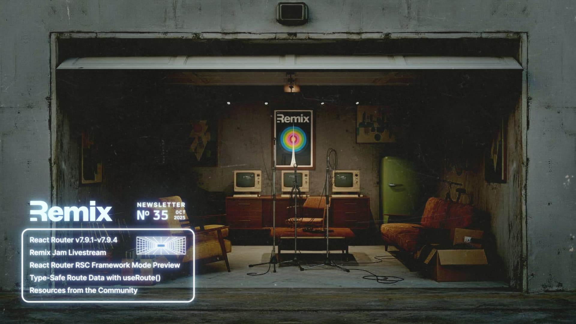 Retro garage setup with vintage TVs, colorful couches, and a Remix logo poster in the background. Text overlay reads "Remix Newsletter No 35 Oct 2025" with newsletter topics listed.