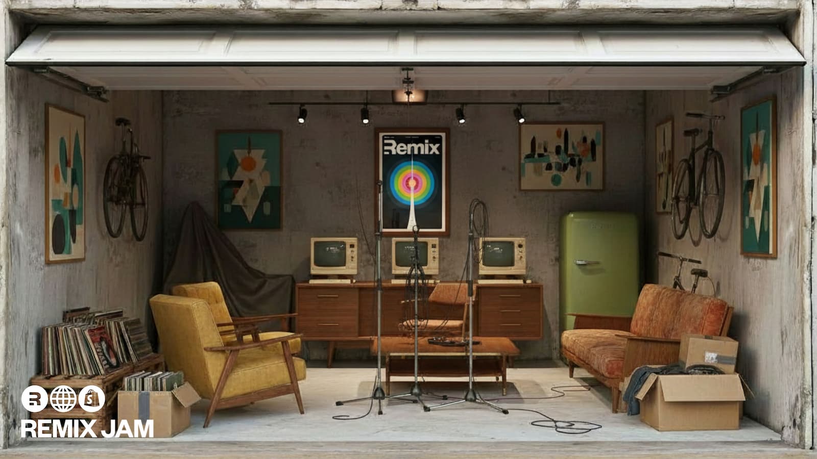 Open garage with couches, old monitors, fridge, and other random garage-stuff. In the middle is a Remix Jam poster.