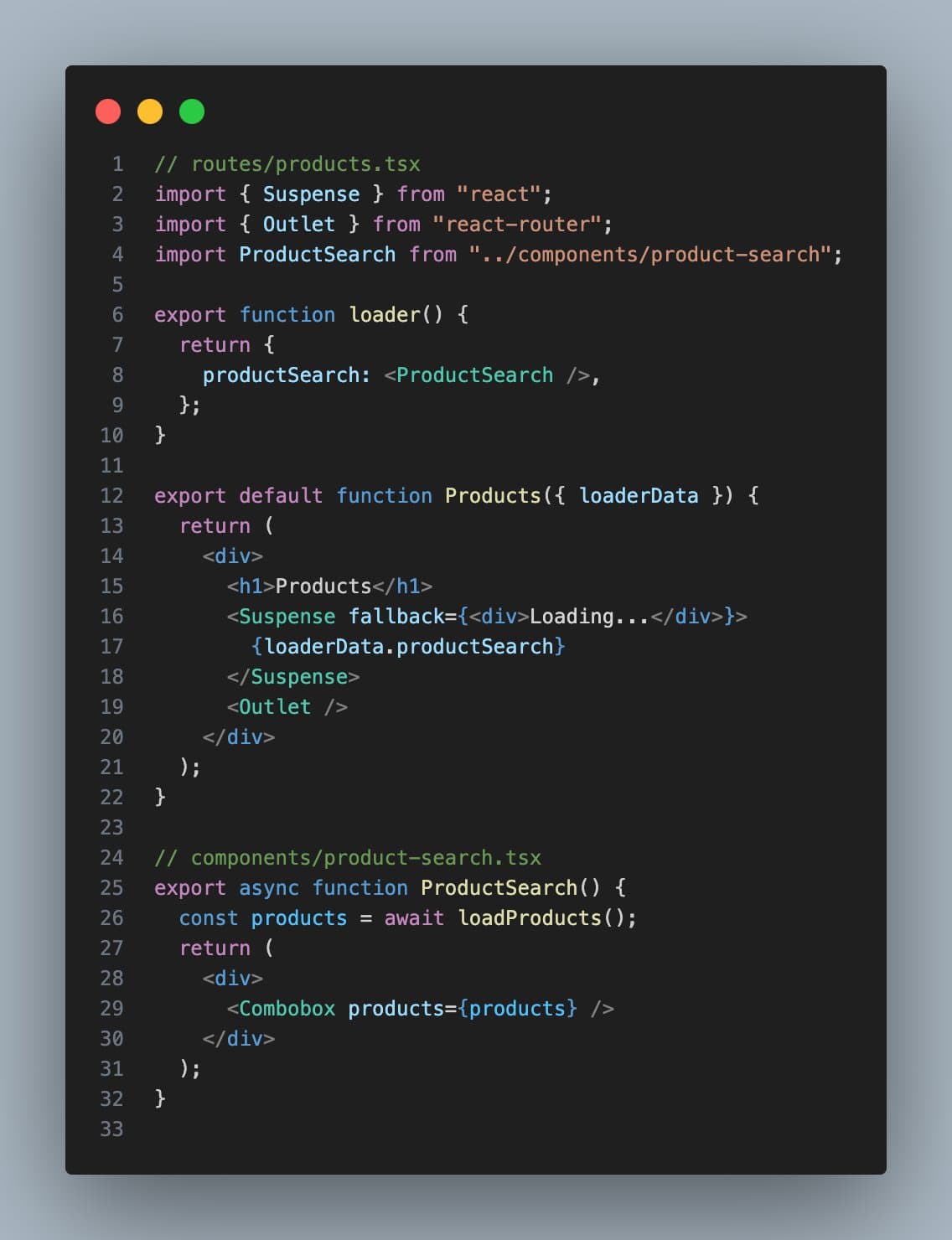 Code example of a React Server Component in a React Router route returning a Server Component from a loader.