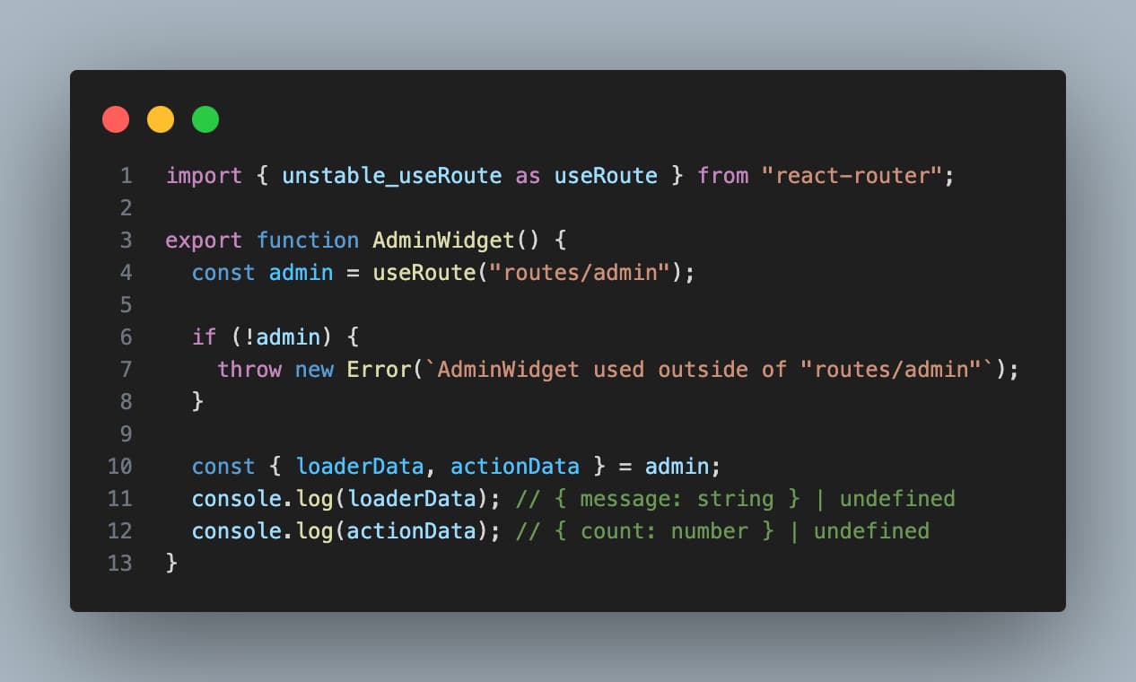 AdminWidget component which uses useRoute to retrieve route data with complete type-safety
