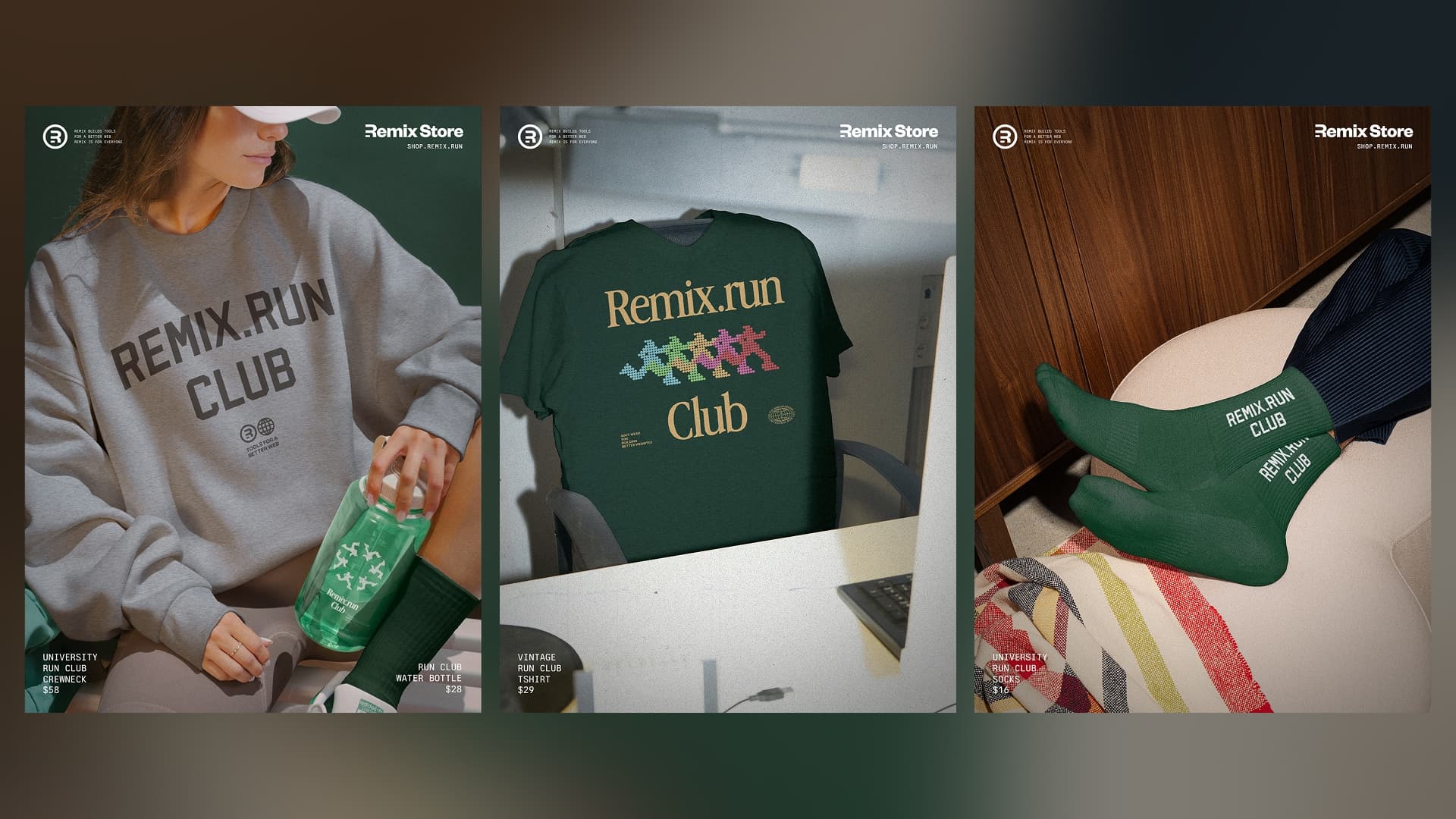 Three Remix Store product panels: left panel shows a person wearing a light grey University Run Club crewneck sweatshirt with "REMIX.RUN CLUB" text and holding a green water bottle with pixelated running silhouettes; middle panel shows a dark green Vintage Run Club t-shirt with gold "Remix.run Club" text and colorful pixelated running silhouettes on an office chair; right panel shows dark green University Run Club socks with "REMIX.RUN CLUB" text on a beige armchair