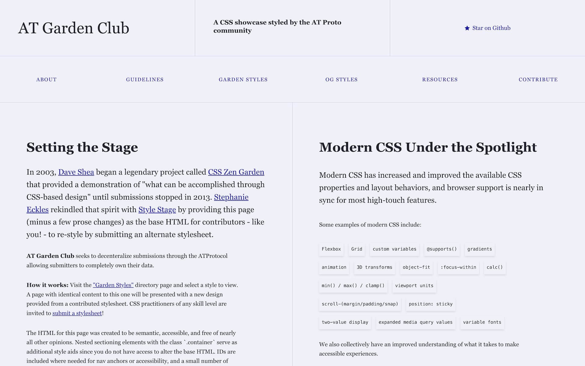 Screenshot of the AT Garden Club website