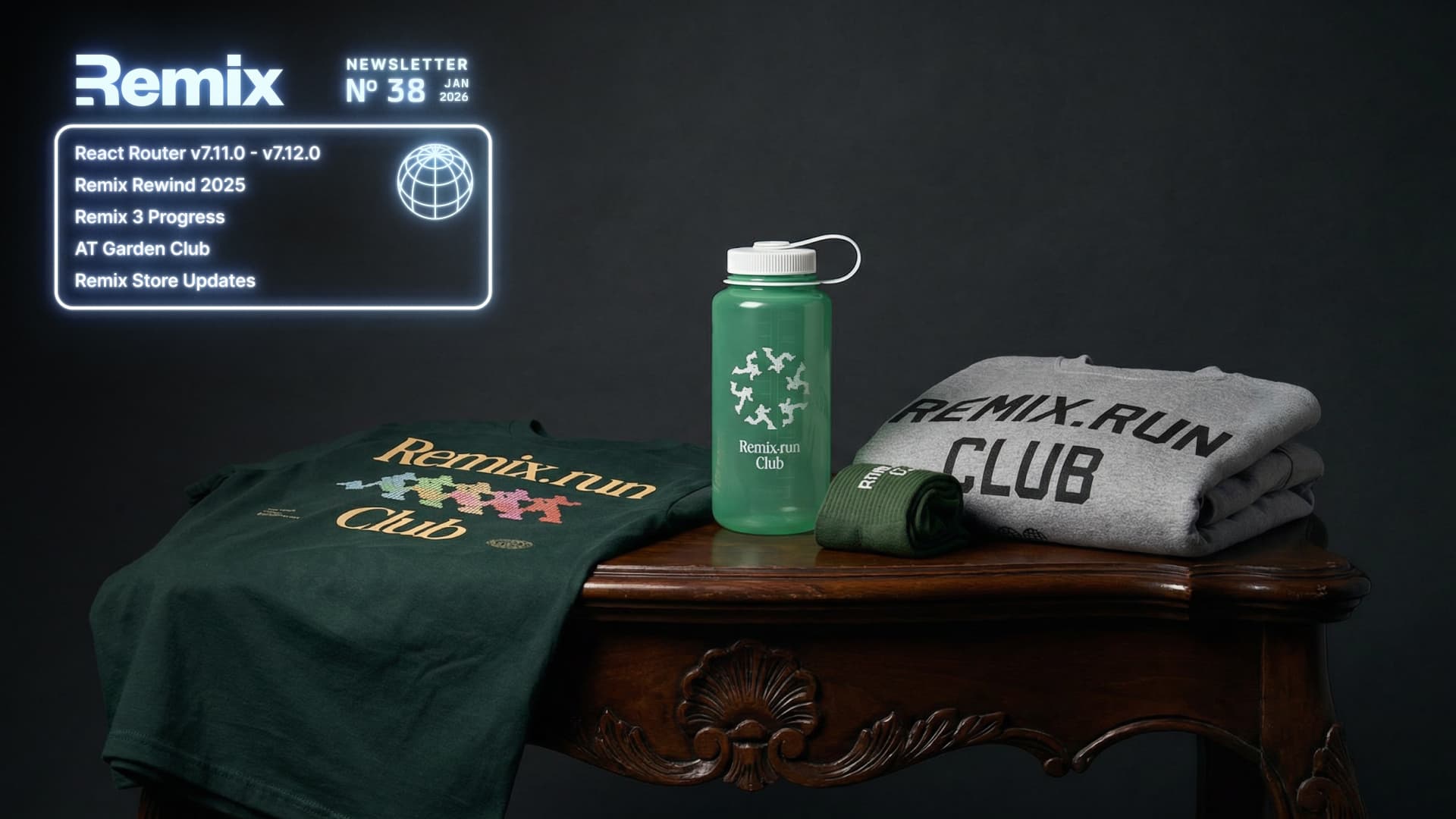 Remix "Green drop" merch laying on a table consisting of "Remix.run Club" t-shirt, water bottle, socks, and crewneck. In the top left corner is a menu of the topics: React Router v7.11.0-v7.12.0, Remix Rewind 2025, Remix 3 Progress, AT Garden Club, Remix Store Updates