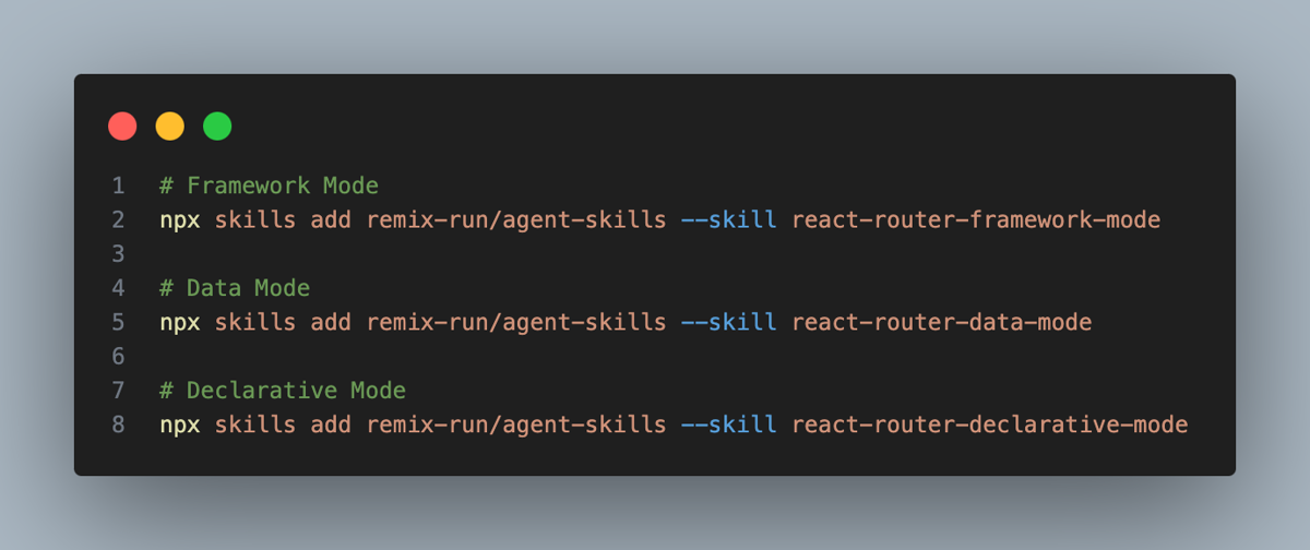 Terminal showing npx commands to install React Router agent skills for Framework, Data, and Declarative modes