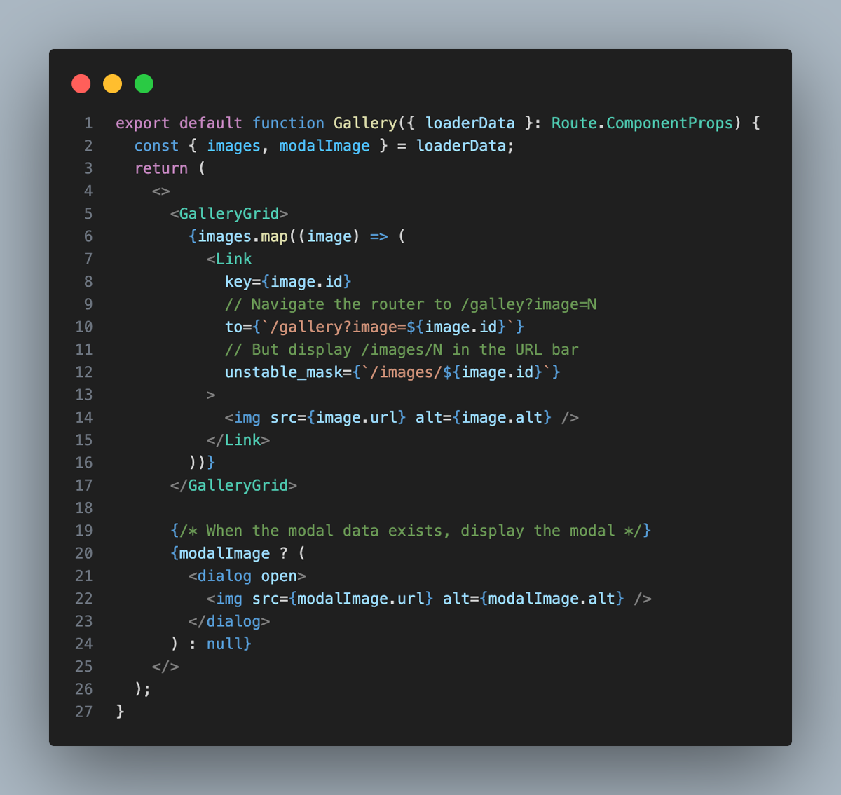Code example showing a React Router gallery using Link unstable_mask to navigate to a modal route while displaying a cleaner URL in the address bar