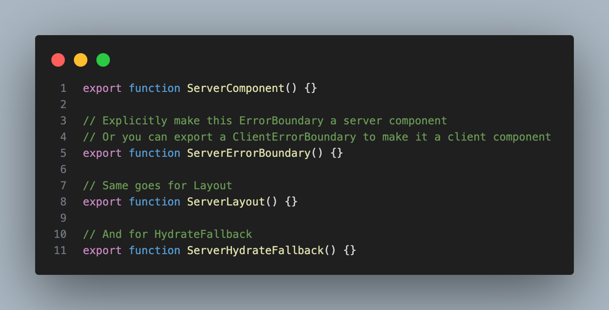 Code example showing Server-prefixed route exports like ServerErrorBoundary, ServerLayout, and ServerHydrateFallback for unstable RSC Framework Mode