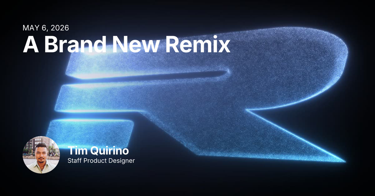 A Brand New Remix blog image with a glowing blue particle-rendered Remix R logo and title text for Tim Quirino's May 3, 2026 post