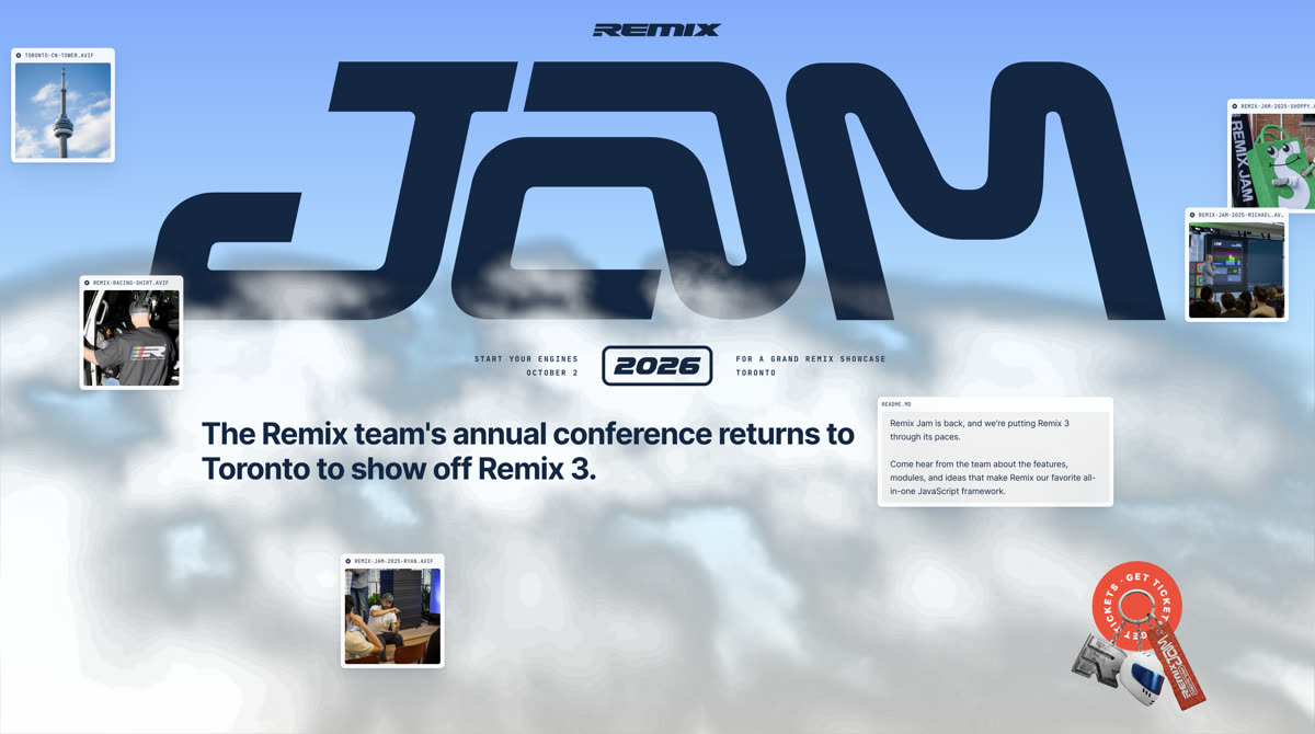 Remix Jam homepage. The Remix team's annual conference returns to Toronto to show off Remix 3.