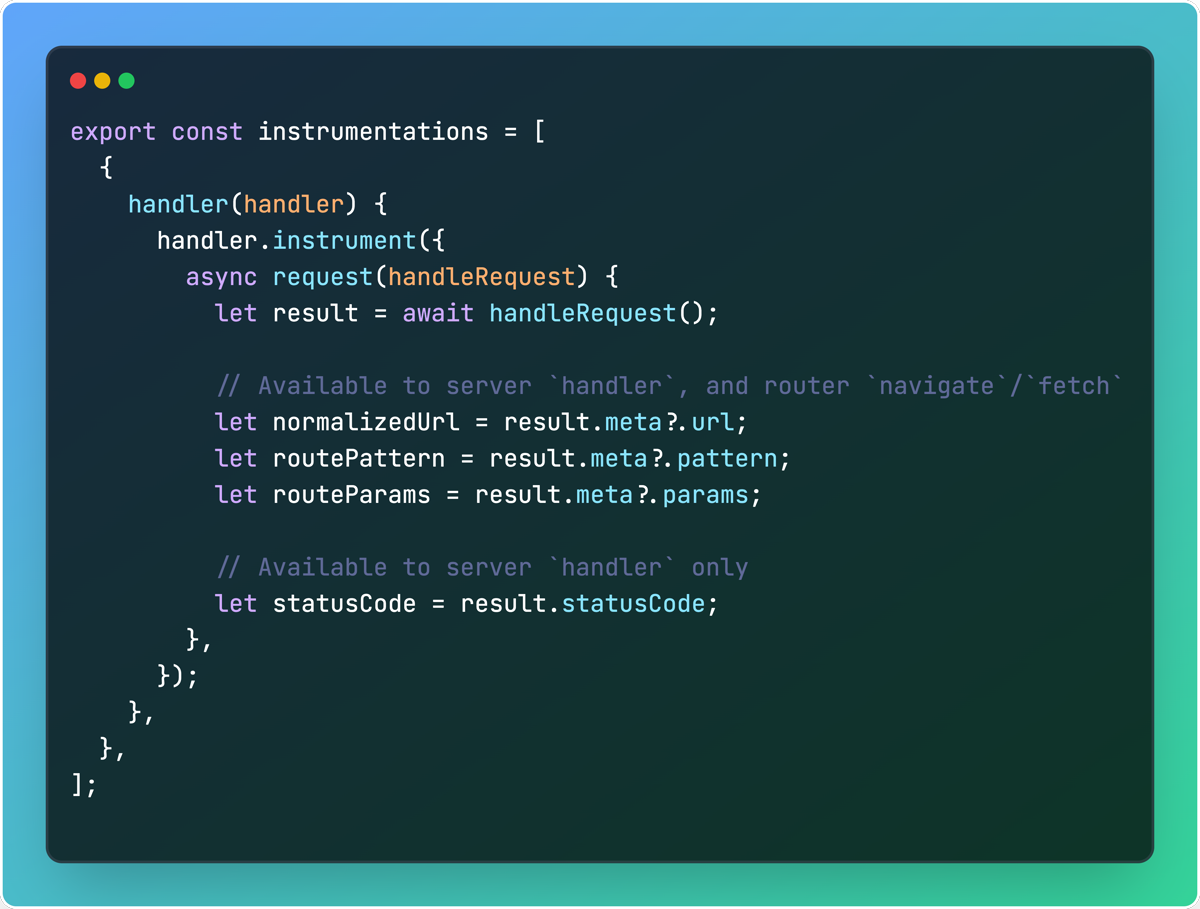 React Router instrumentation example accessing the normalized URL, matched route pattern, route params, and response status code