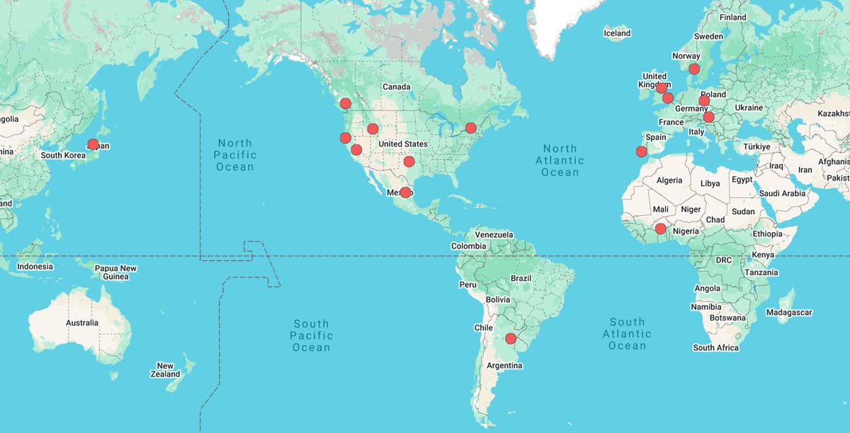 World map marked with Remix meetup locations across North America, South America, Europe, Africa, and Japan